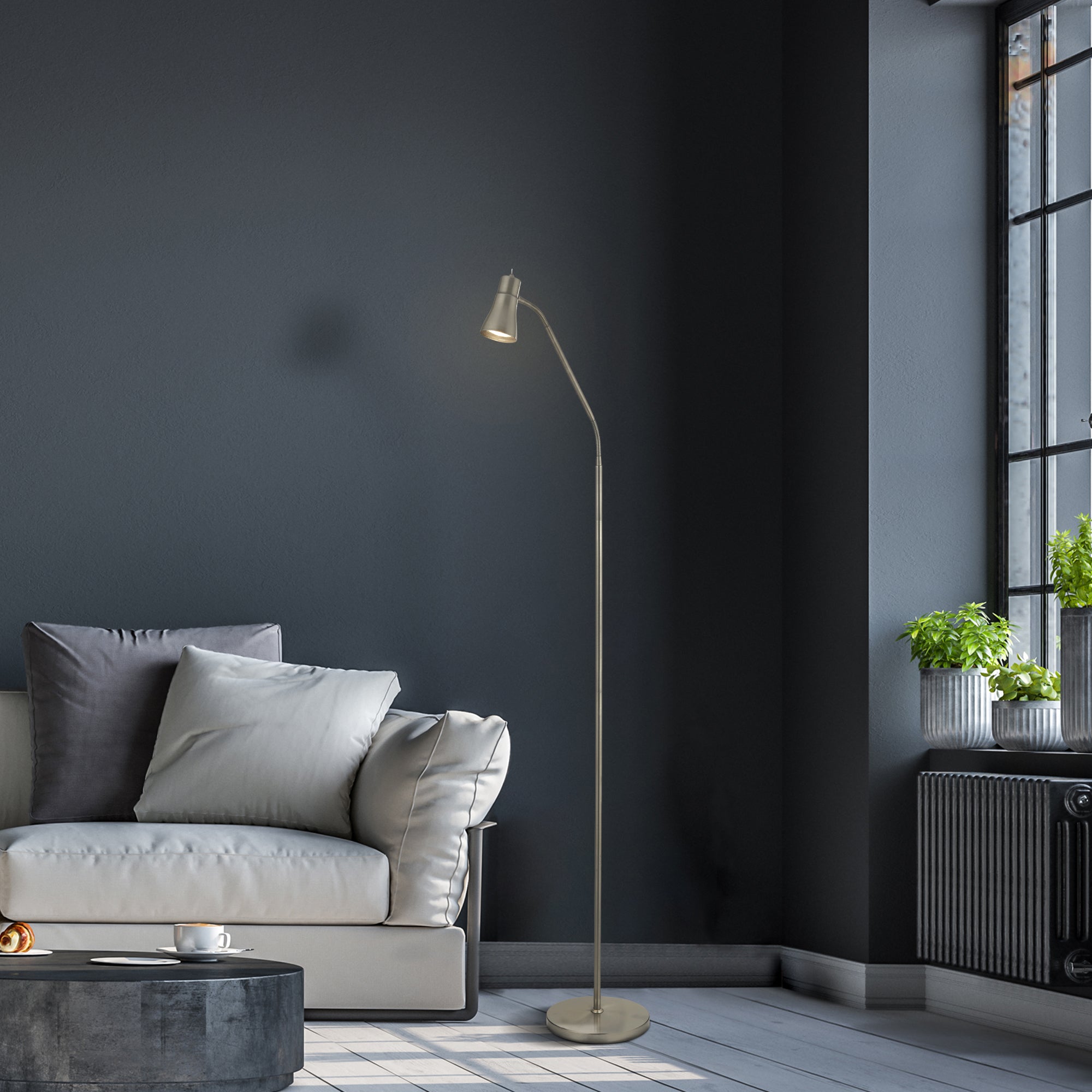Searchlight Firdale Floor Lamp Single With Flexi Head - Satin Silver
