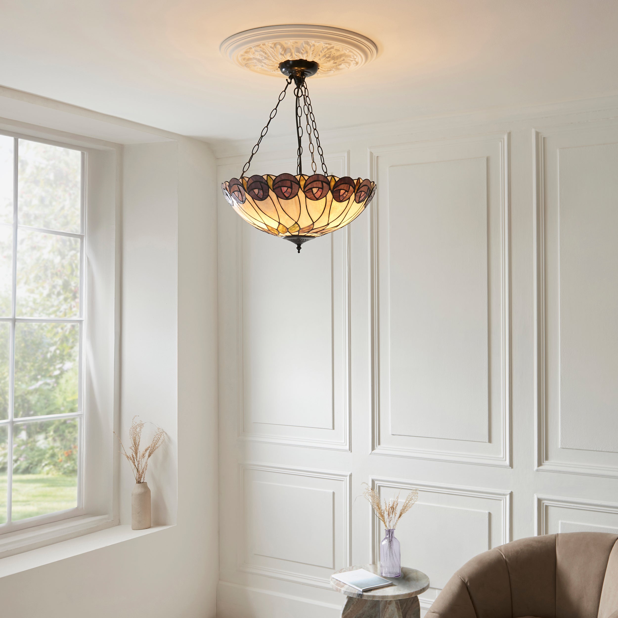 Interiors 1900 Hutchinson Large Inverted 3 Light Pendant - Handcrafted Tiffany Style Glass