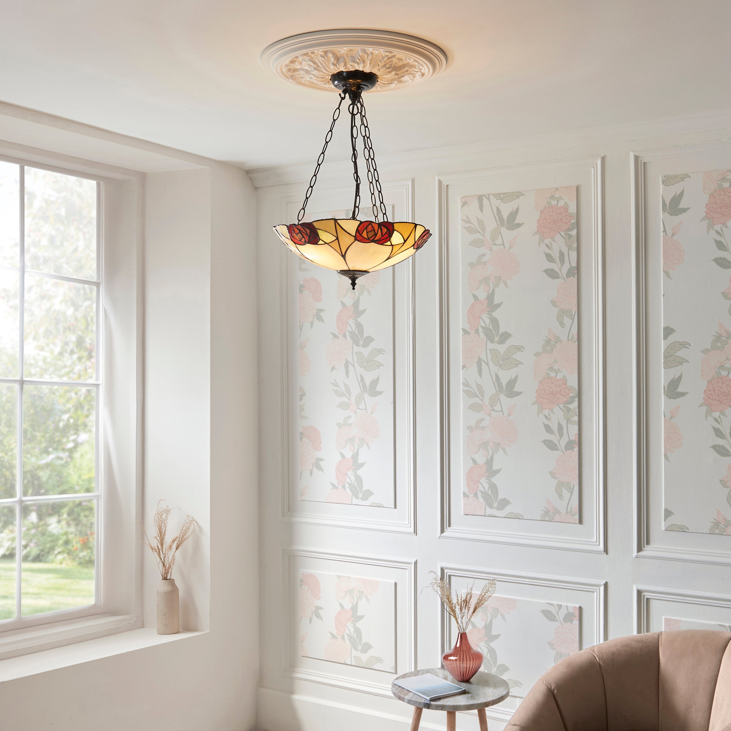 Interiors 1900 Ingram Large Inverted 3 Light Pendant - Handcrafted Tiffany Style Glass