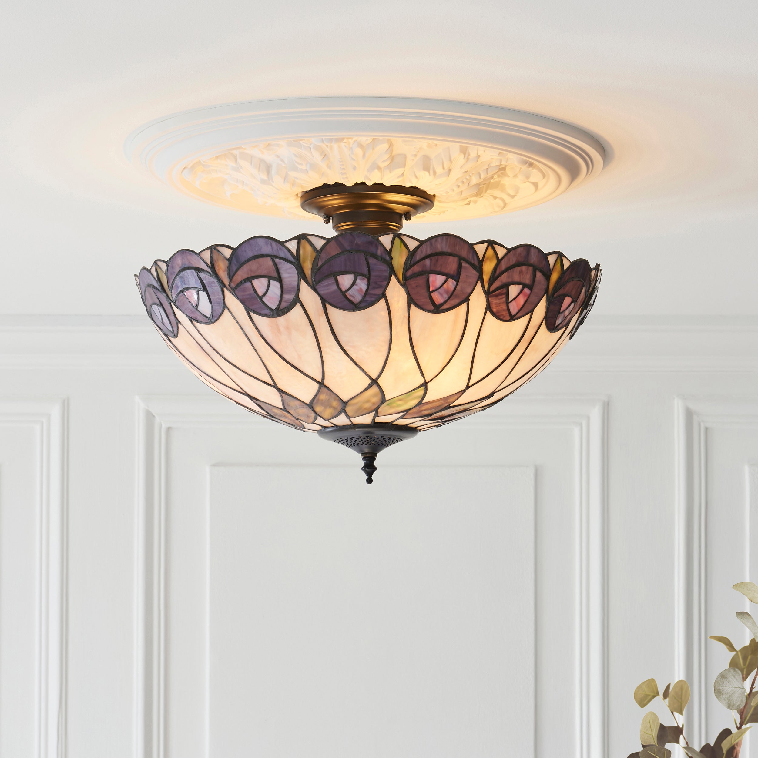 Interiors 1900 Hutchinson 3 Light Semi Flush Pendant -Handcrafted Tiffany Style Glass