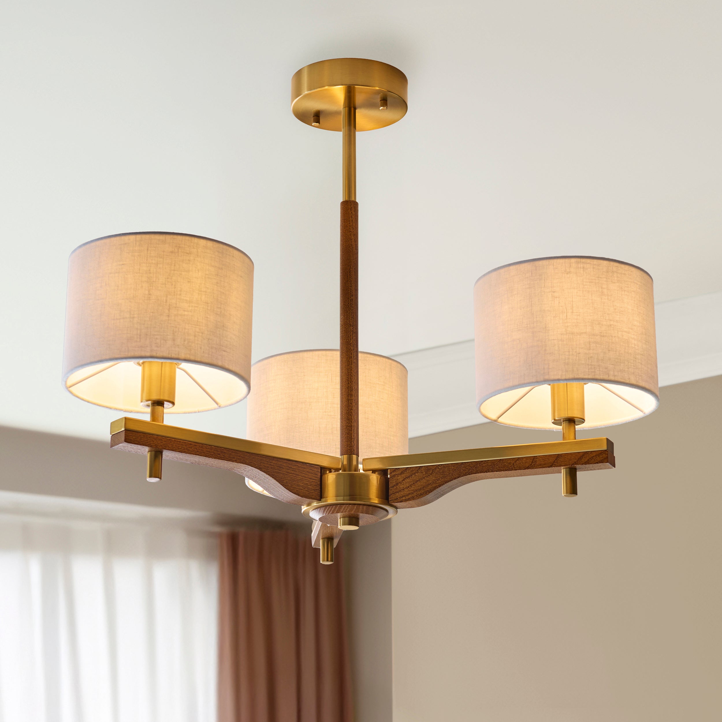 Endon Heathcliff 3 Light Semi flush - Brushed Aged Brass Plate, Oak Stained Wood & Natural Faux Linen