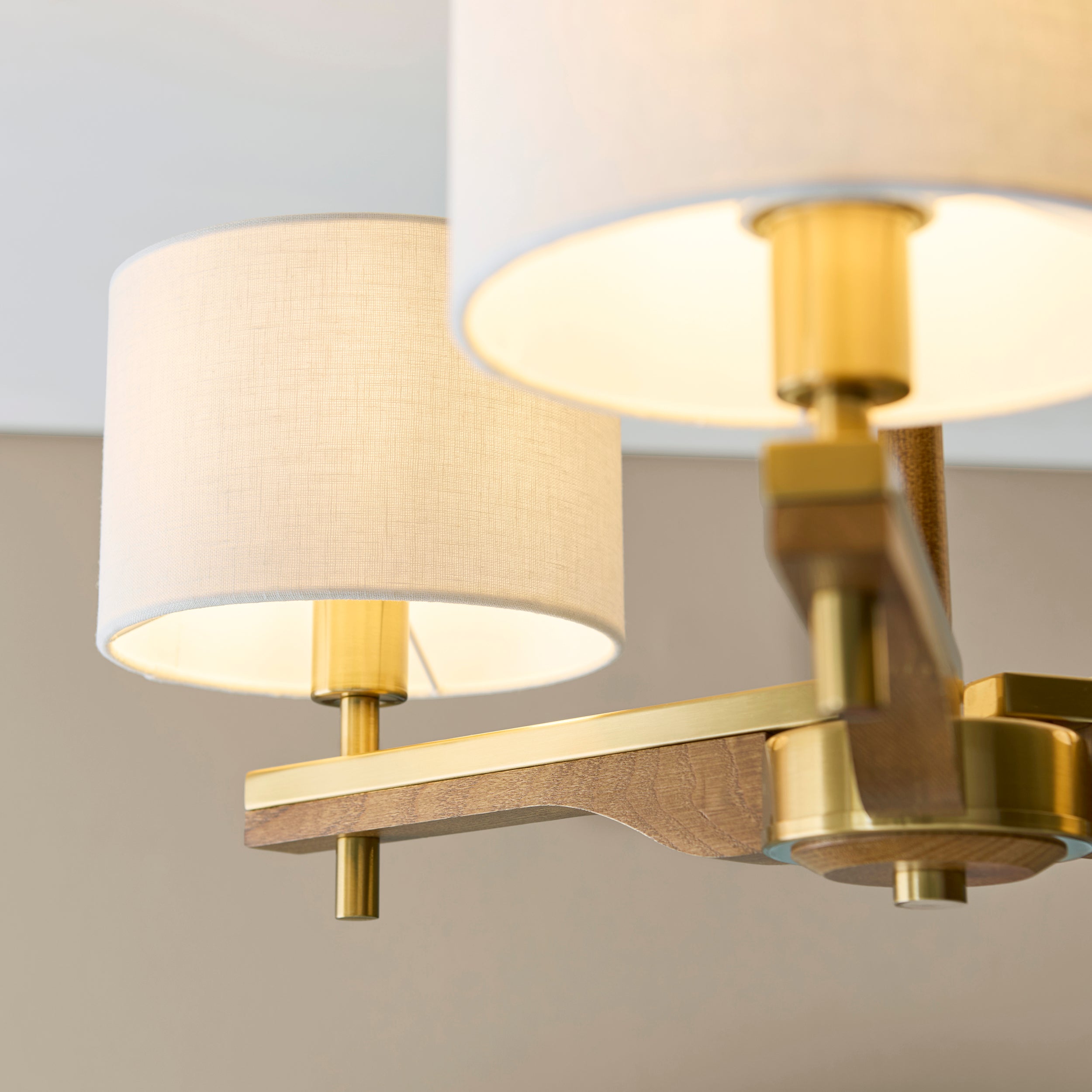 Endon Heathcliff 3 Light Semi flush - Brushed Aged Brass Plate, Oak Stained Wood & Natural Faux Linen