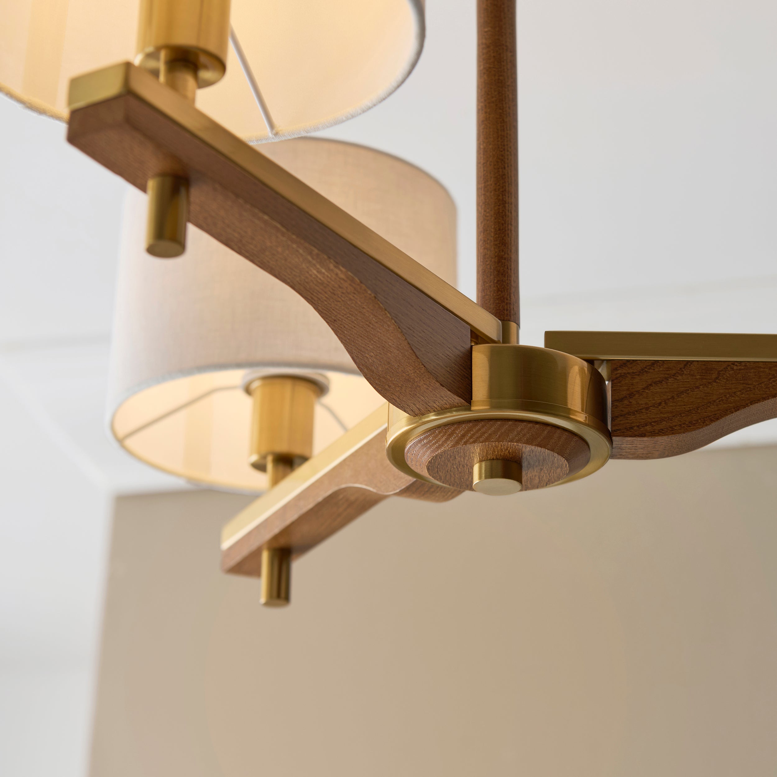 Endon Heathcliff 3 Light Semi flush - Brushed Aged Brass Plate, Oak Stained Wood & Natural Faux Linen