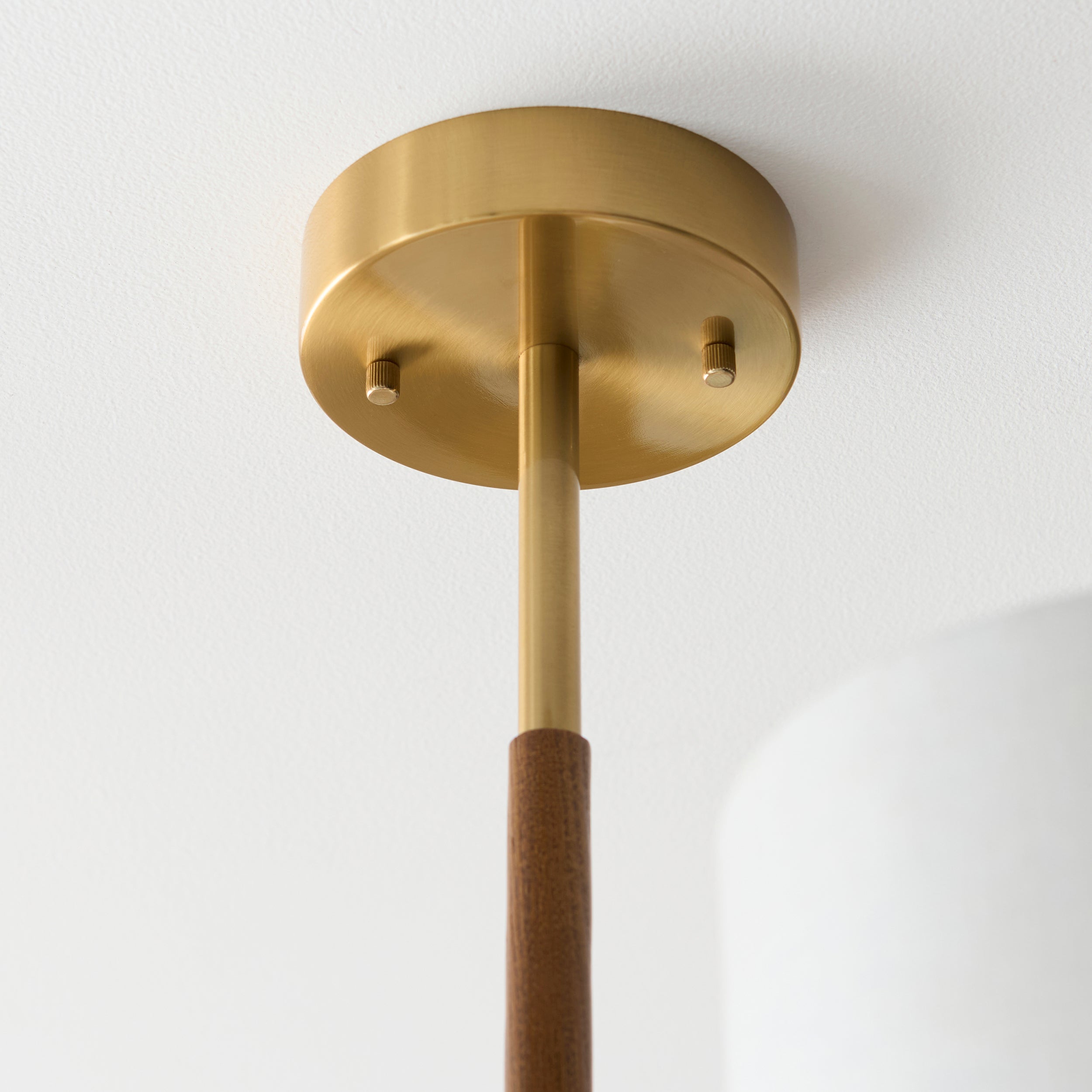 Endon Heathcliff 3 Light Semi flush - Brushed Aged Brass Plate, Oak Stained Wood & Natural Faux Linen