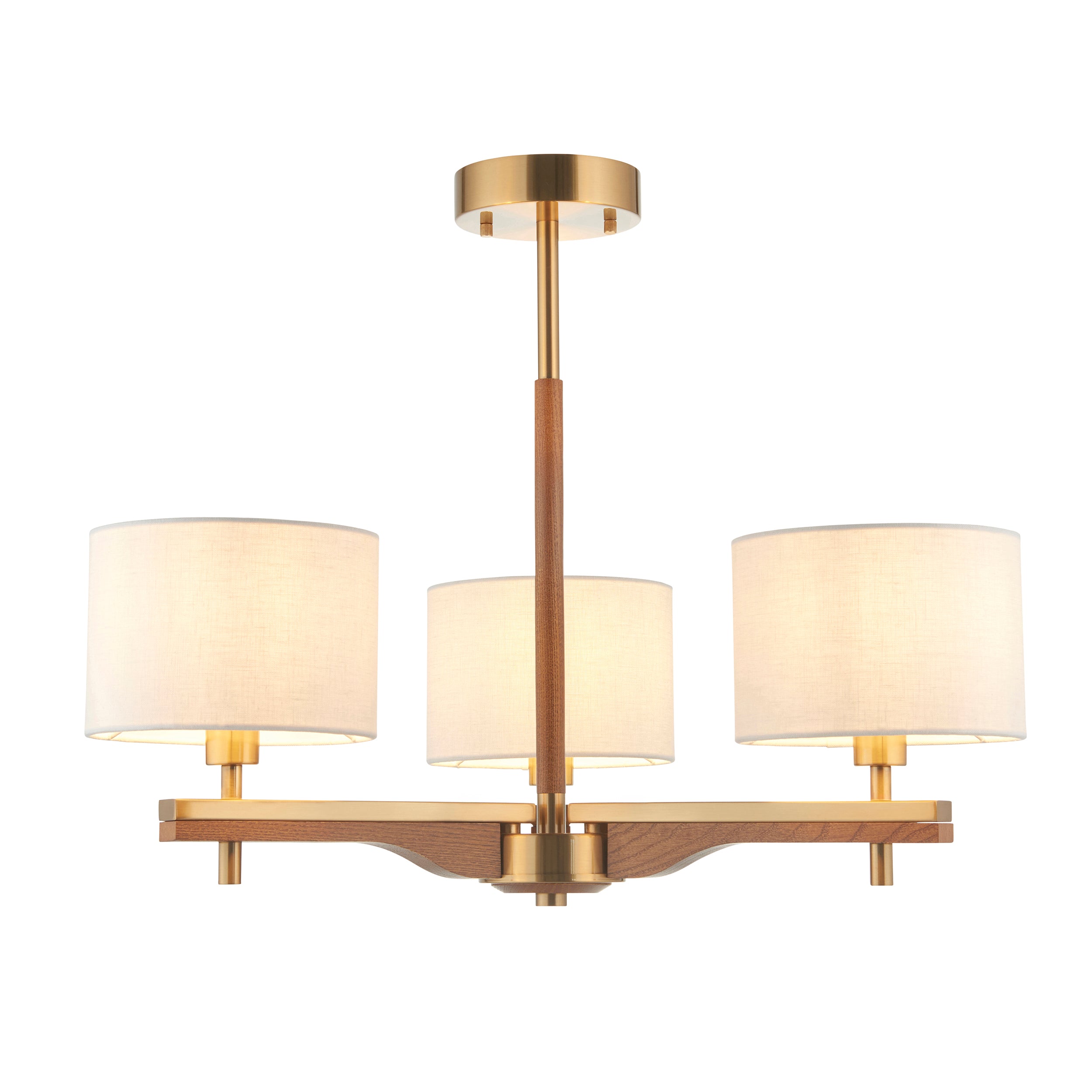 Endon Heathcliff 3 Light Semi flush - Brushed Aged Brass Plate, Oak Stained Wood & Natural Faux Linen