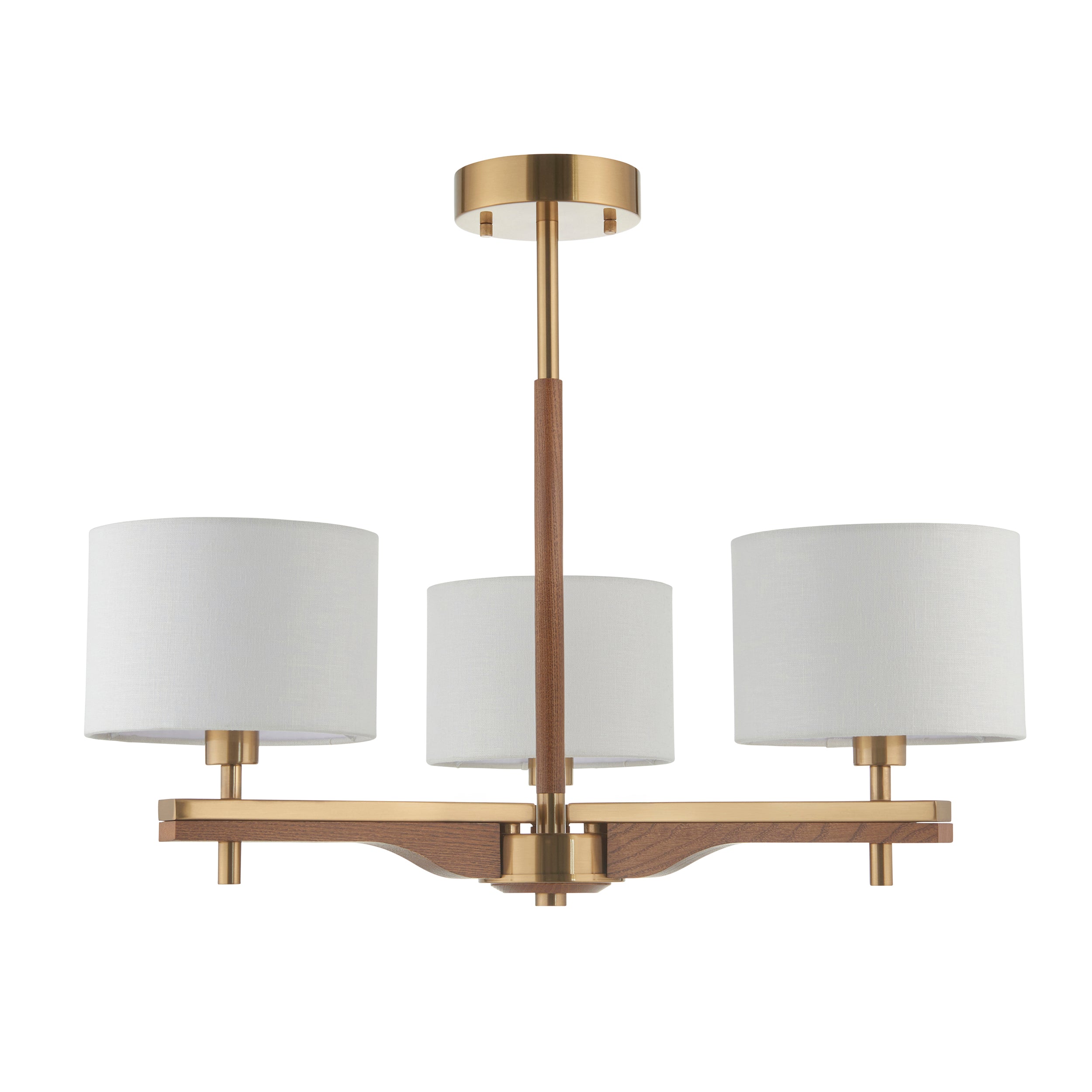 Endon Heathcliff 3 Light Semi flush - Brushed Aged Brass Plate, Oak Stained Wood & Natural Faux Linen