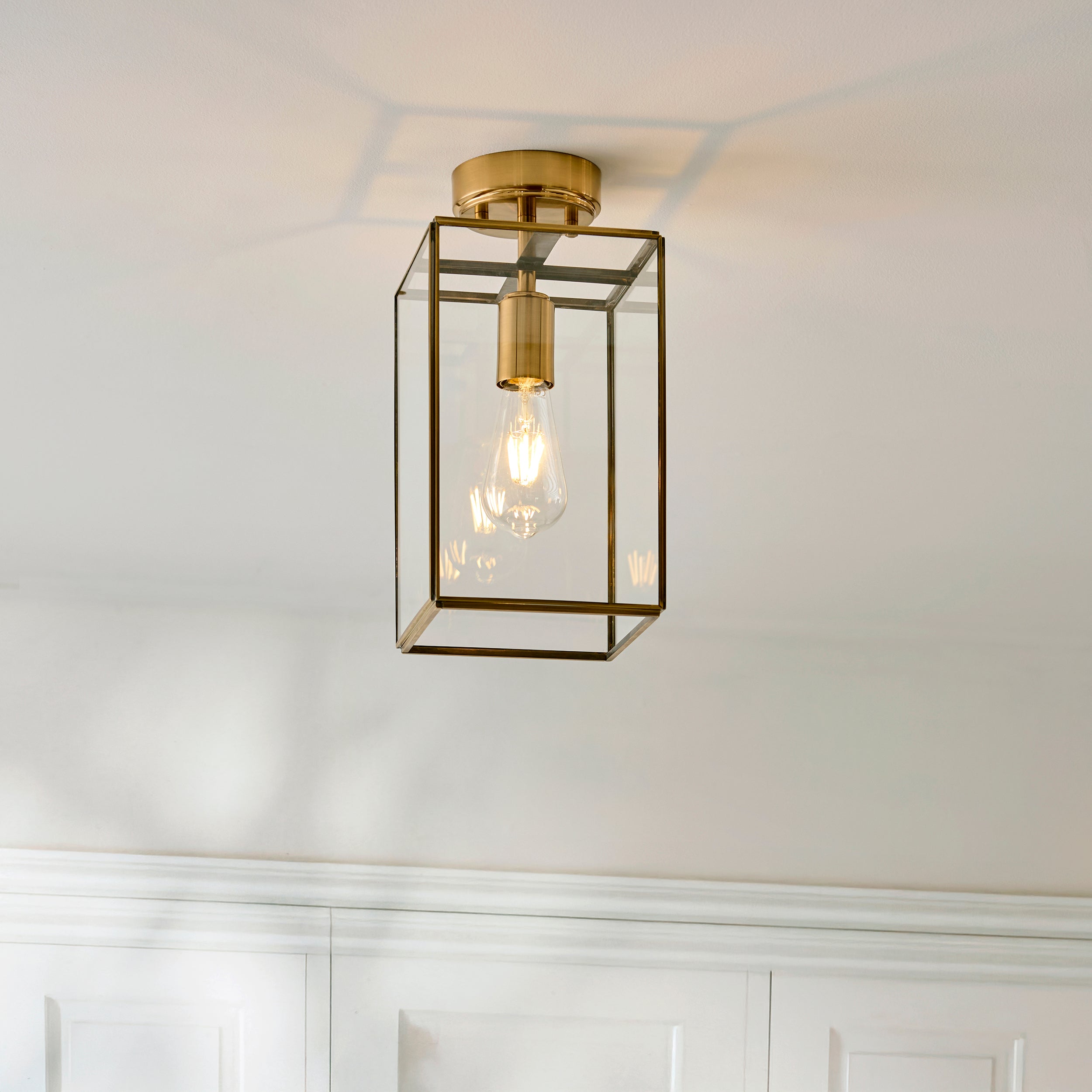 Endon Hammond Flush - Antique Solid Brass, Brushed Aged Brass Plate & Clear Glass