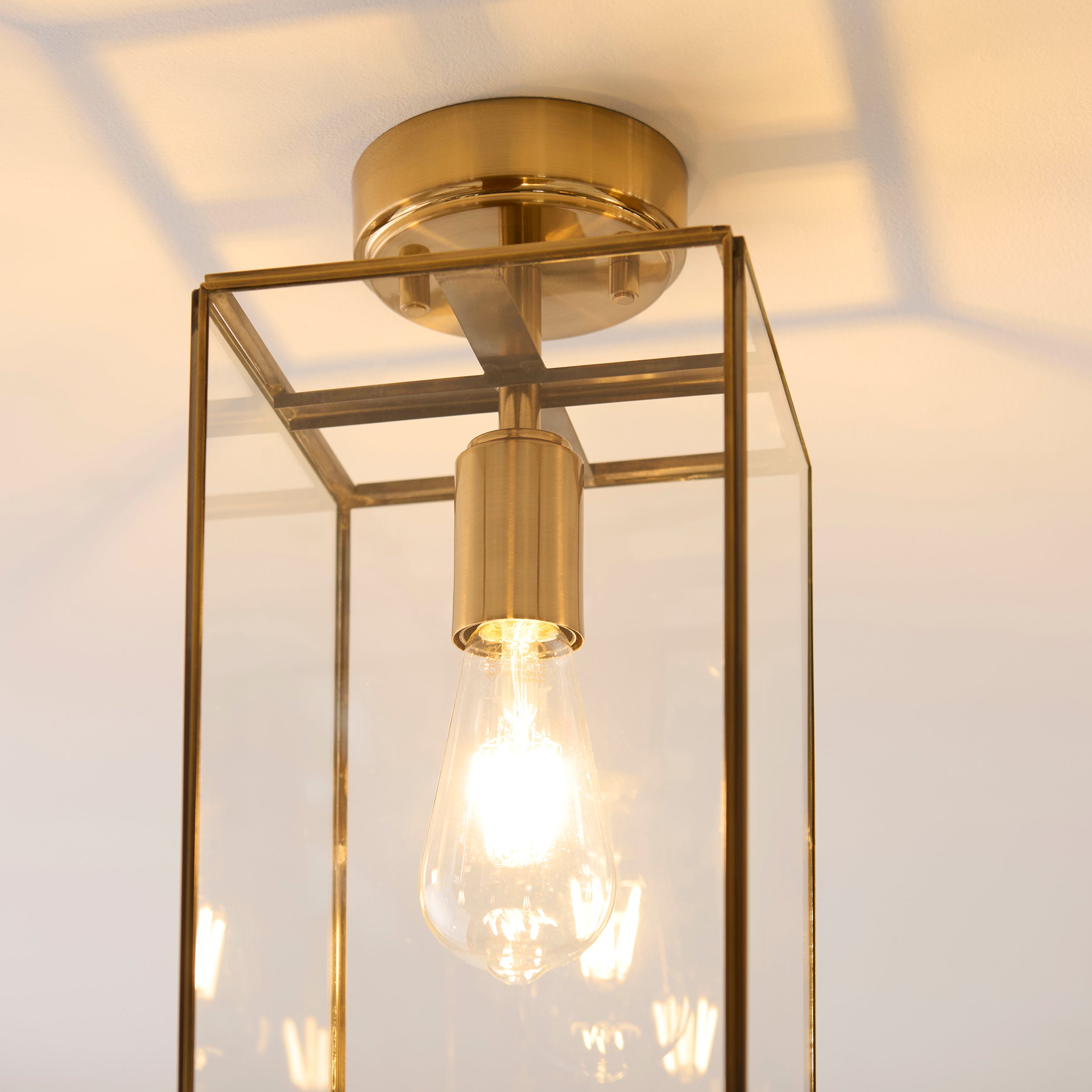 Endon Hammond Flush - Antique Solid Brass, Brushed Aged Brass Plate & Clear Glass