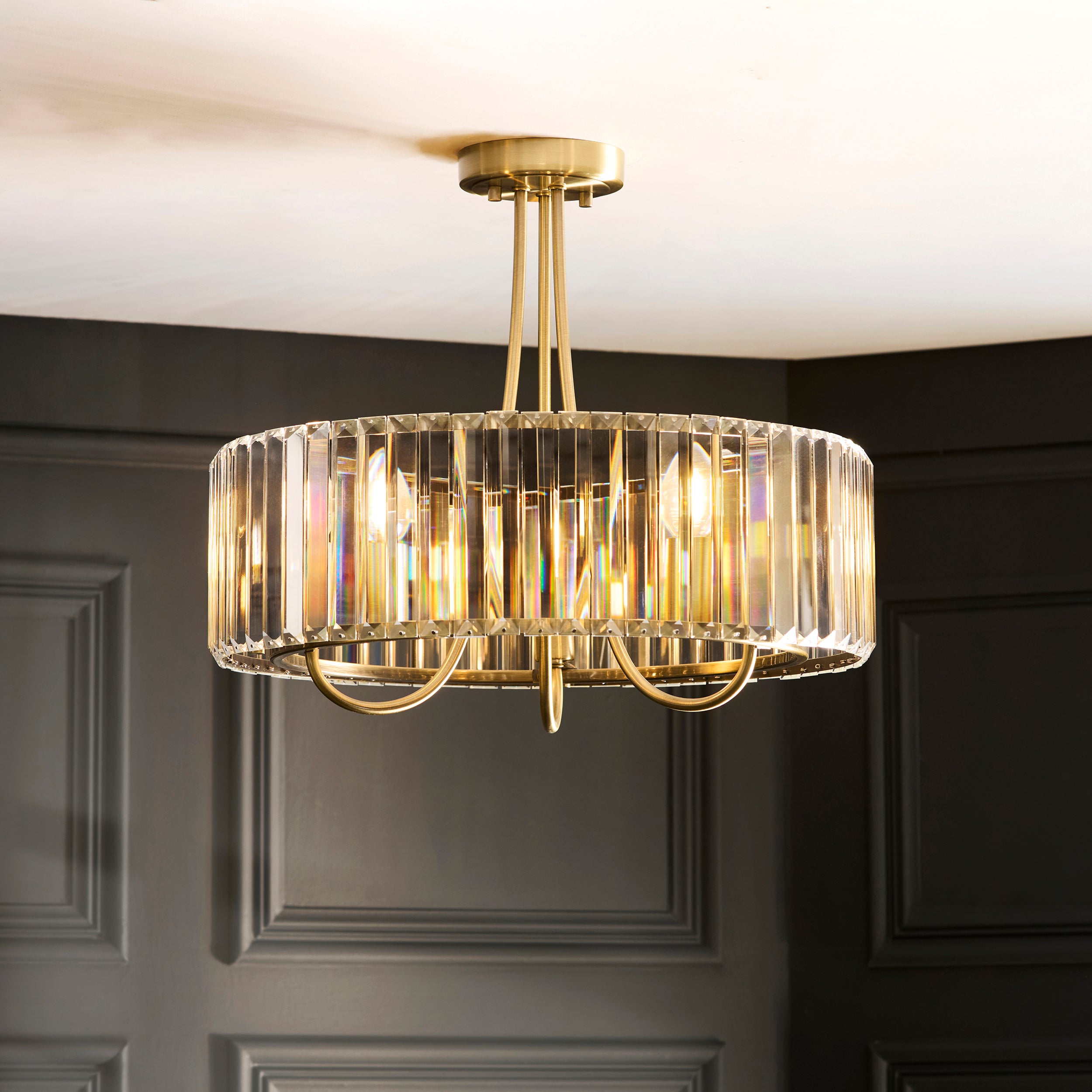 Endon Visconti 3 Light Semi Flush - Antique Brass Plate & Clear Glass