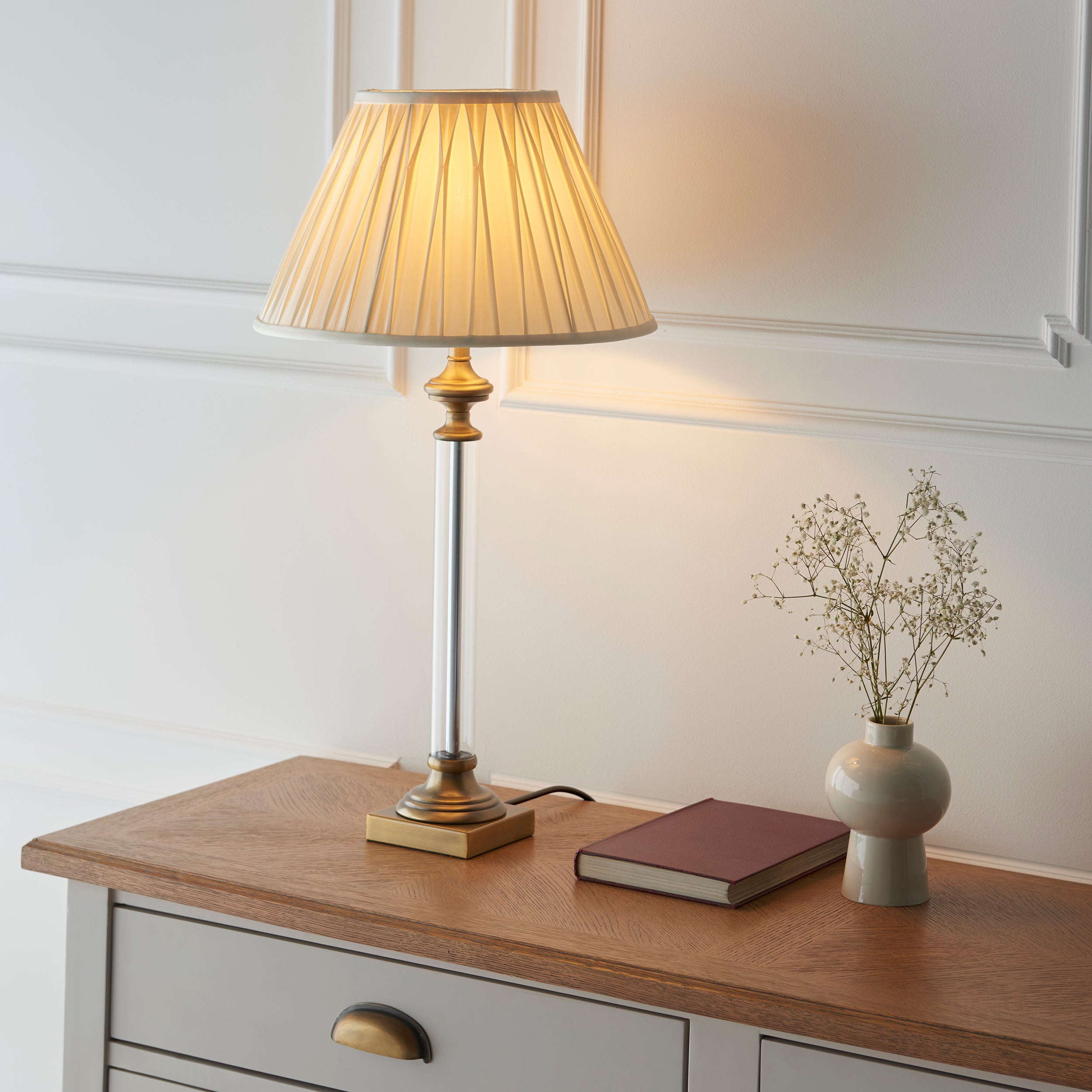 Endon Avebury & Avalon 31cm Table - Antique Brass Plate & Natural Faux Linen fabric