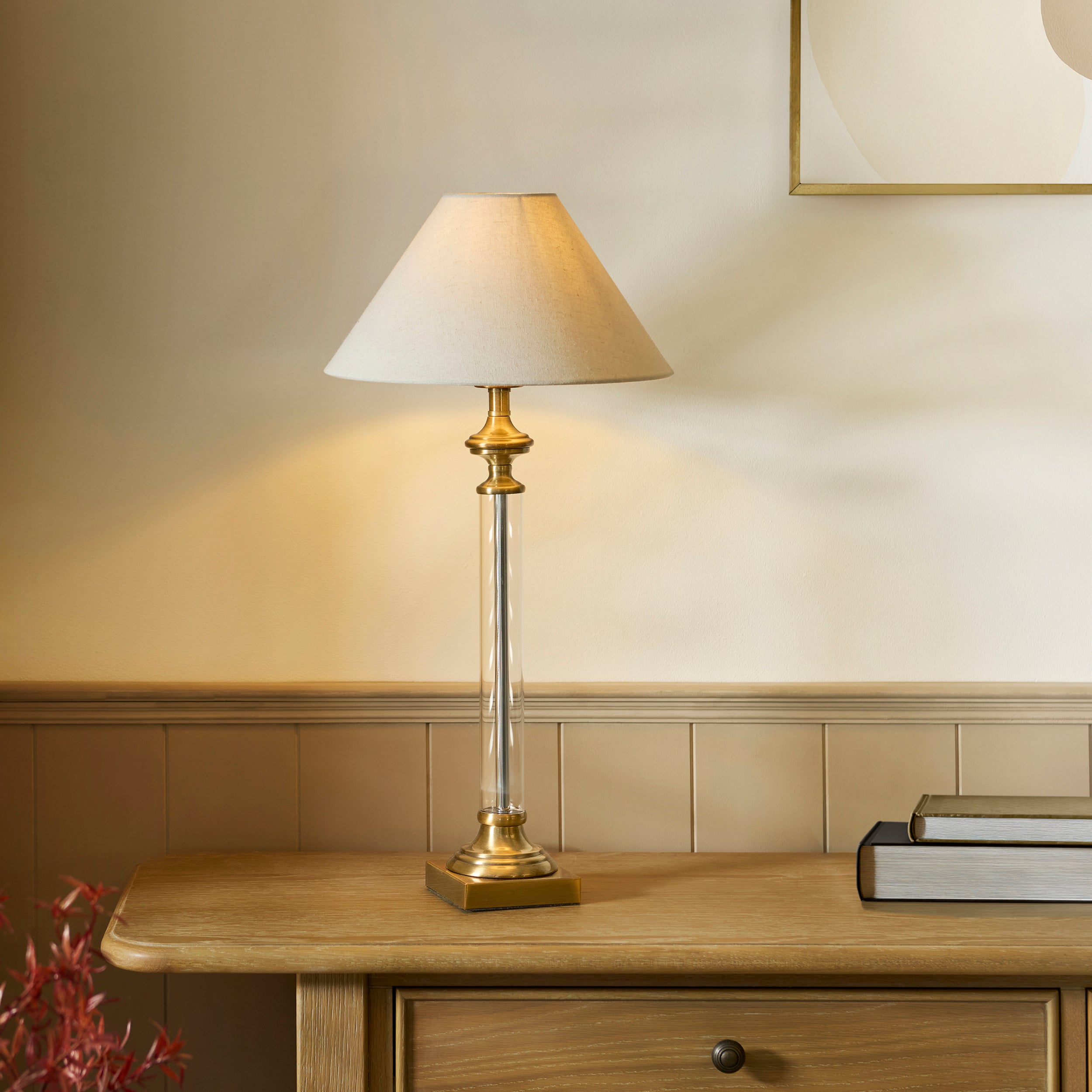 Endon Avebury & Avalon 31cm Table - Antique Brass Plate & Natural Faux Linen fabric