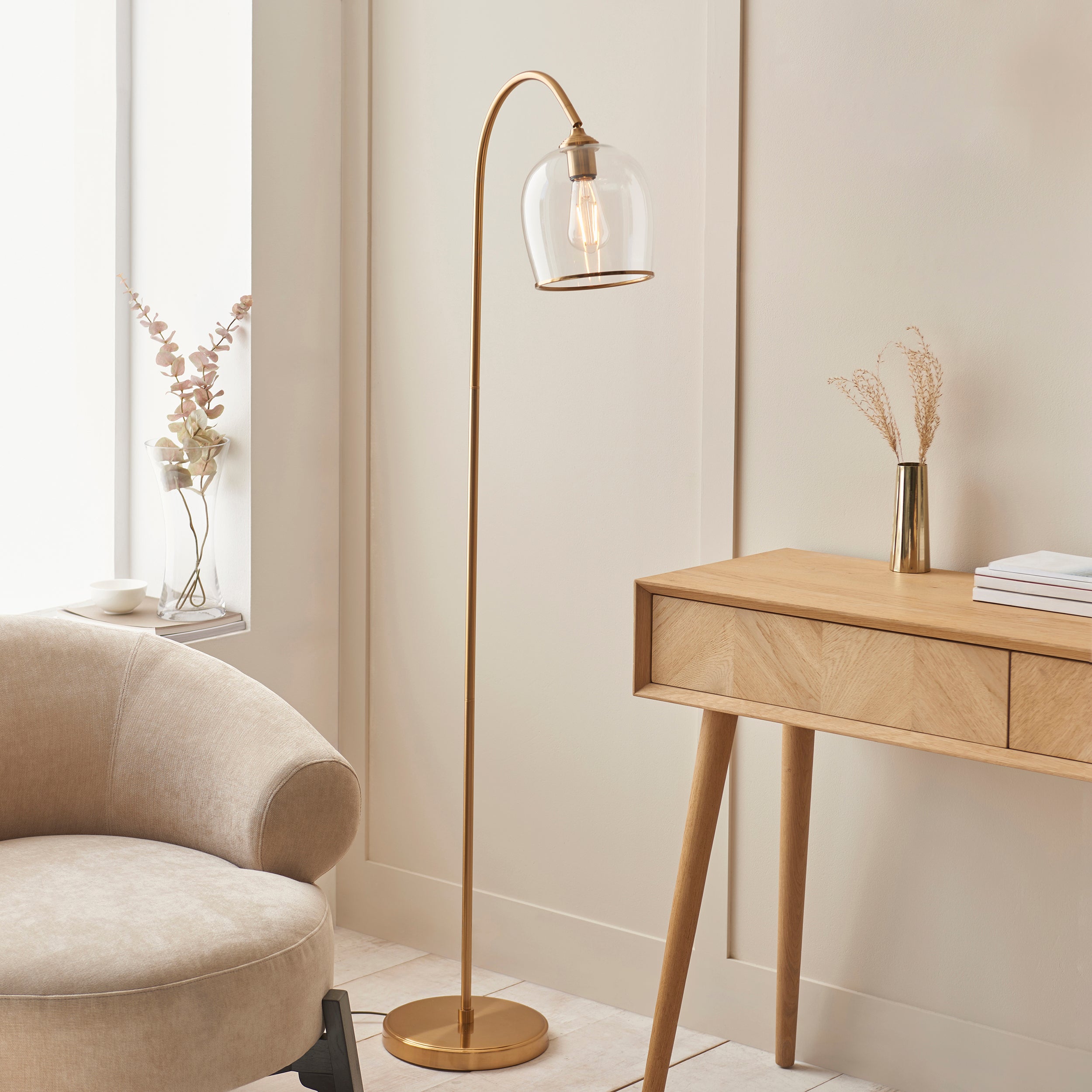 Endon Ashcroft Floor - Brushed Aged Brass Plate & Clear Glass