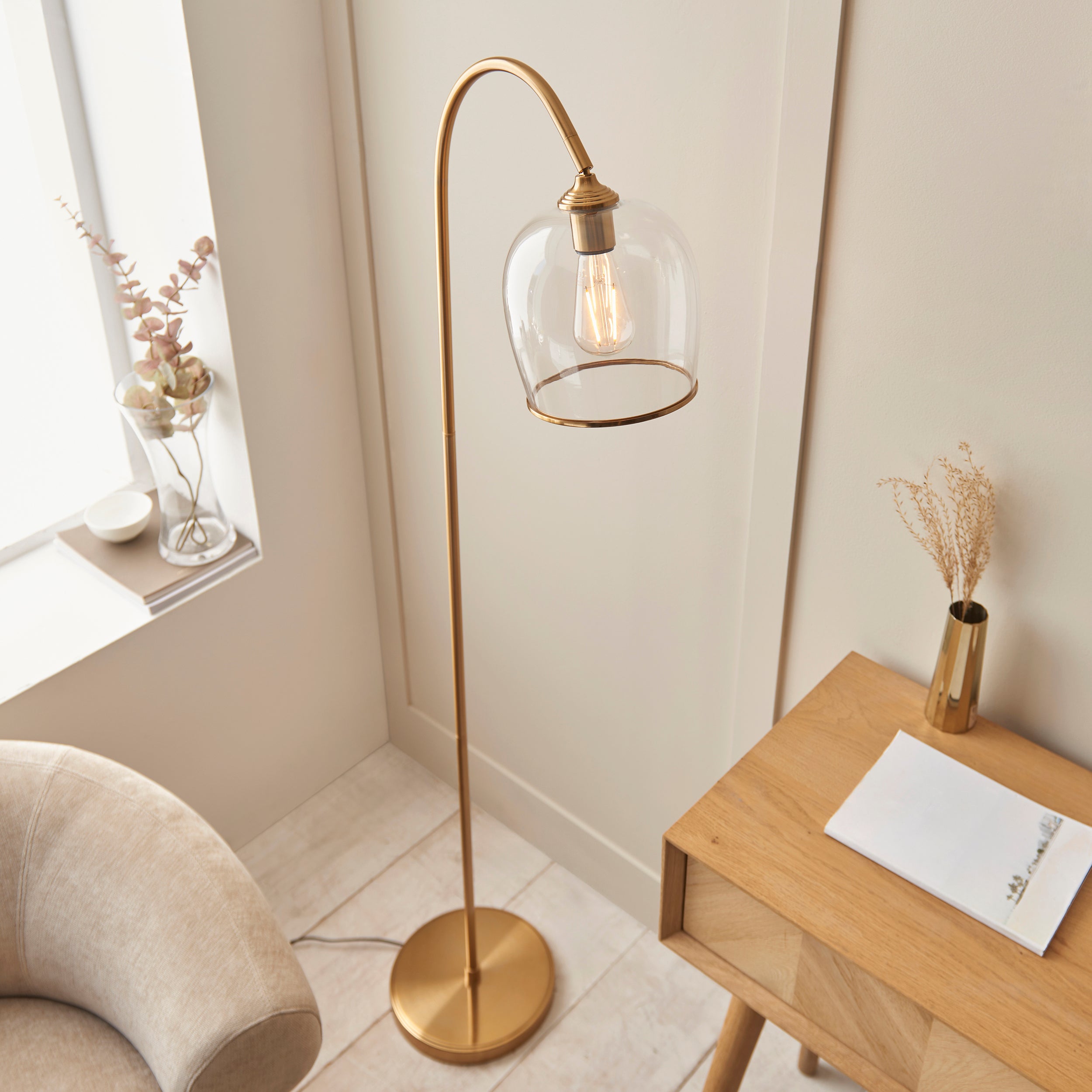 Endon Ashcroft Floor - Brushed Aged Brass Plate & Clear Glass