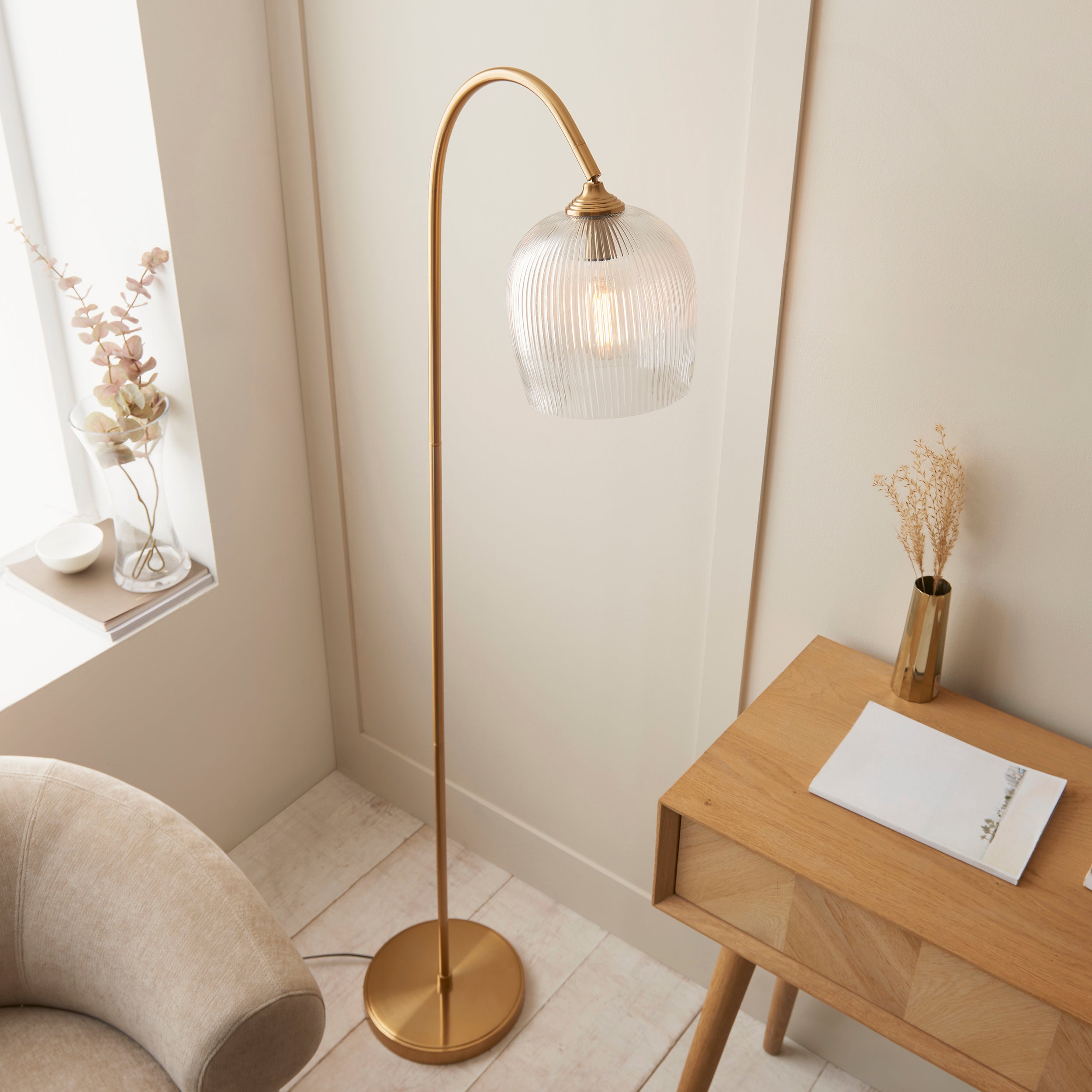 Endon Ashcroft Ribbed Floor - Brushed Aged Brass Plate & Clear Ribbed Glass