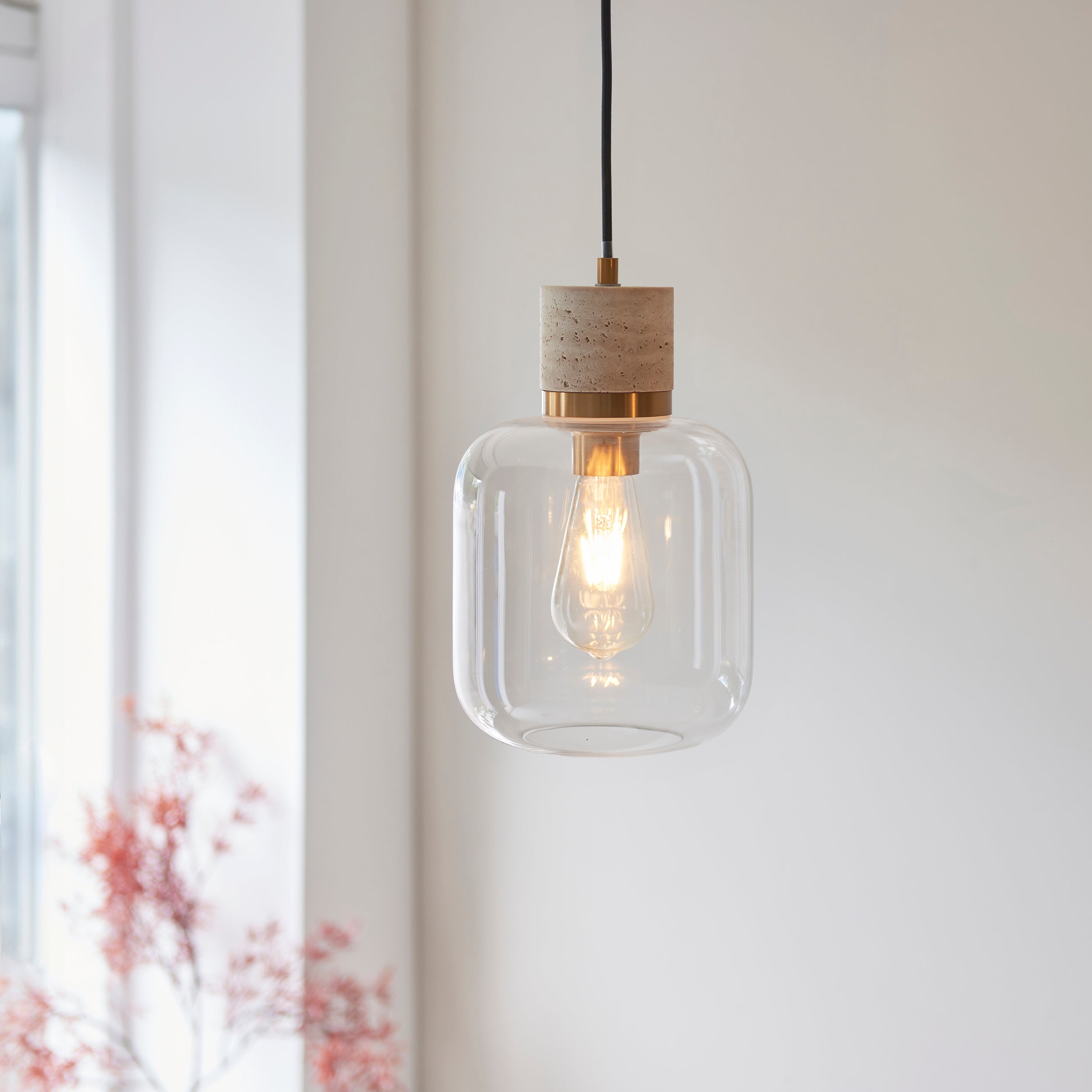 Endon Travi Pendant - Natural Travertine, Vintage Brass & Clear Glass