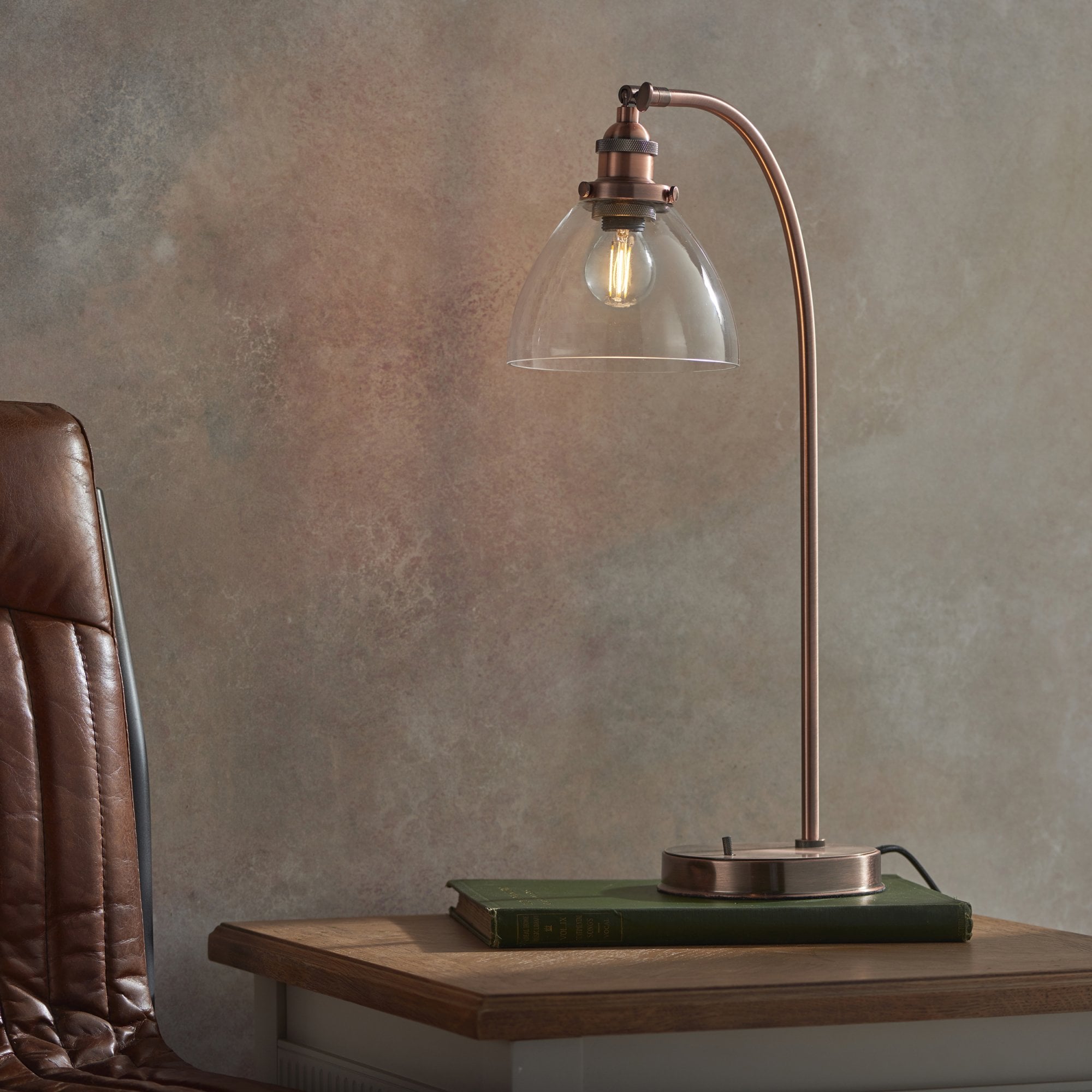 Endon Hansen Single Light Table Lamp - Aged Copper Plate & Clear Glass