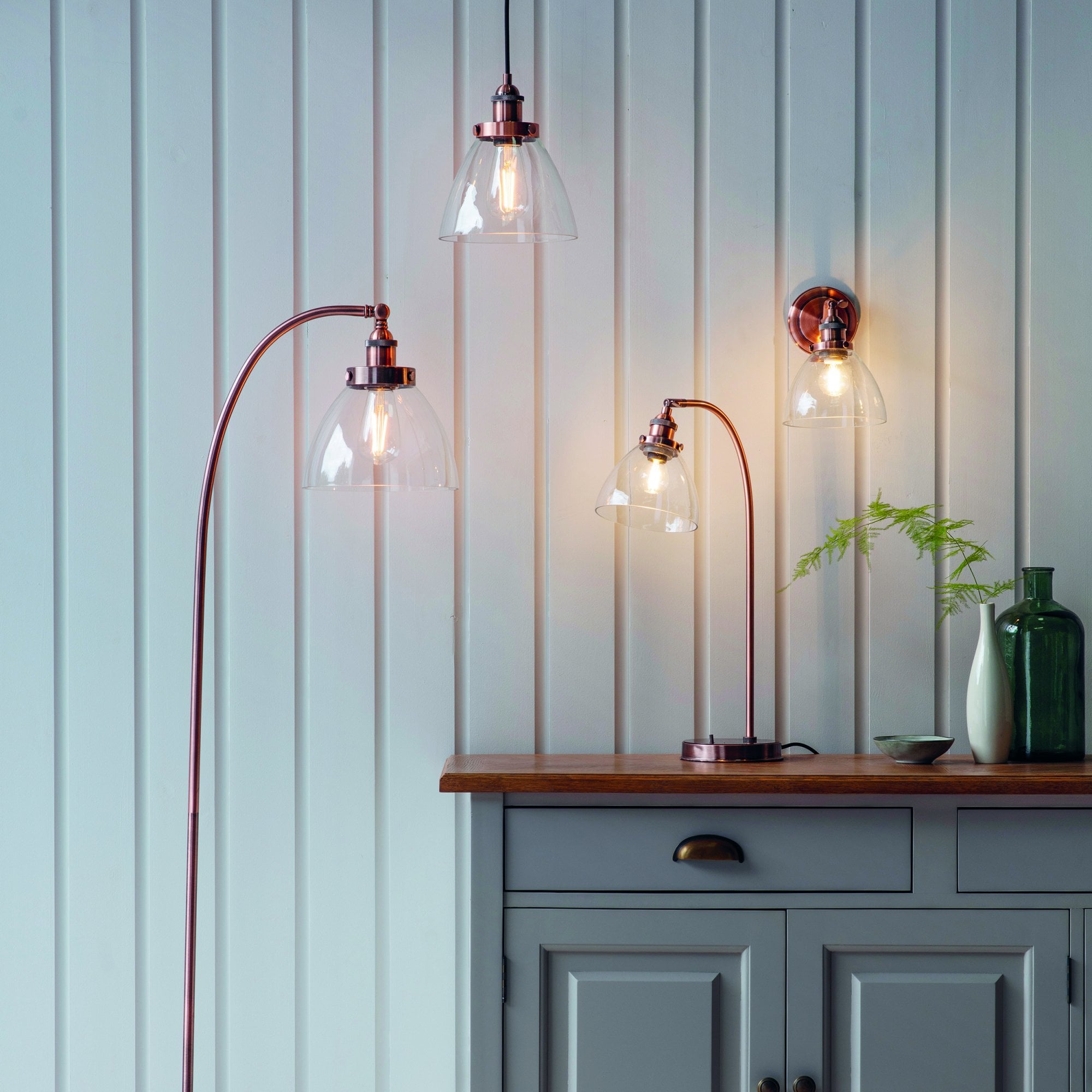 Endon Hansen Single Light Table Lamp - Aged Copper Plate & Clear Glass