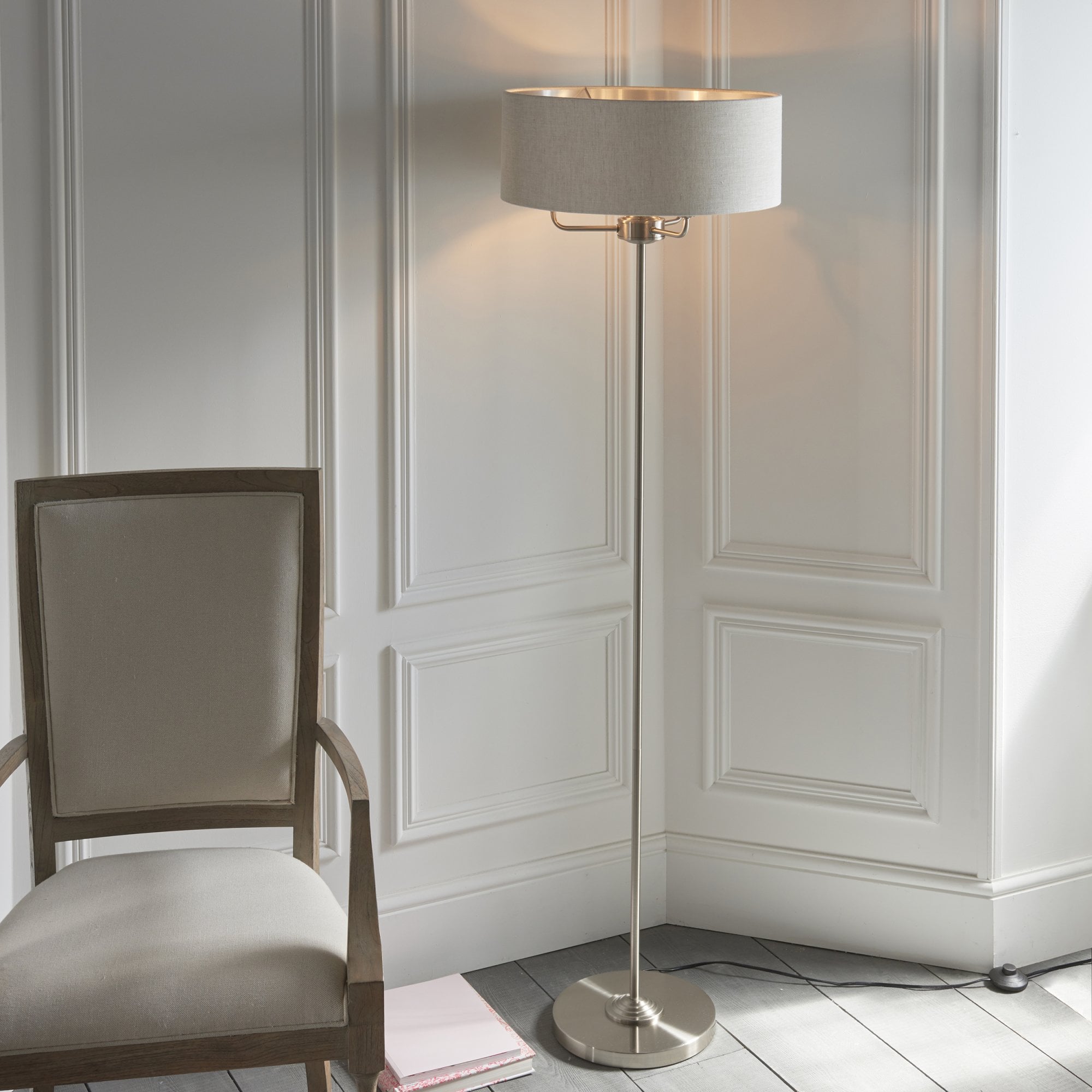 Endon Highclere 3 Light Floor Lamp - Brushed Chrome Plate & Neutral Linen