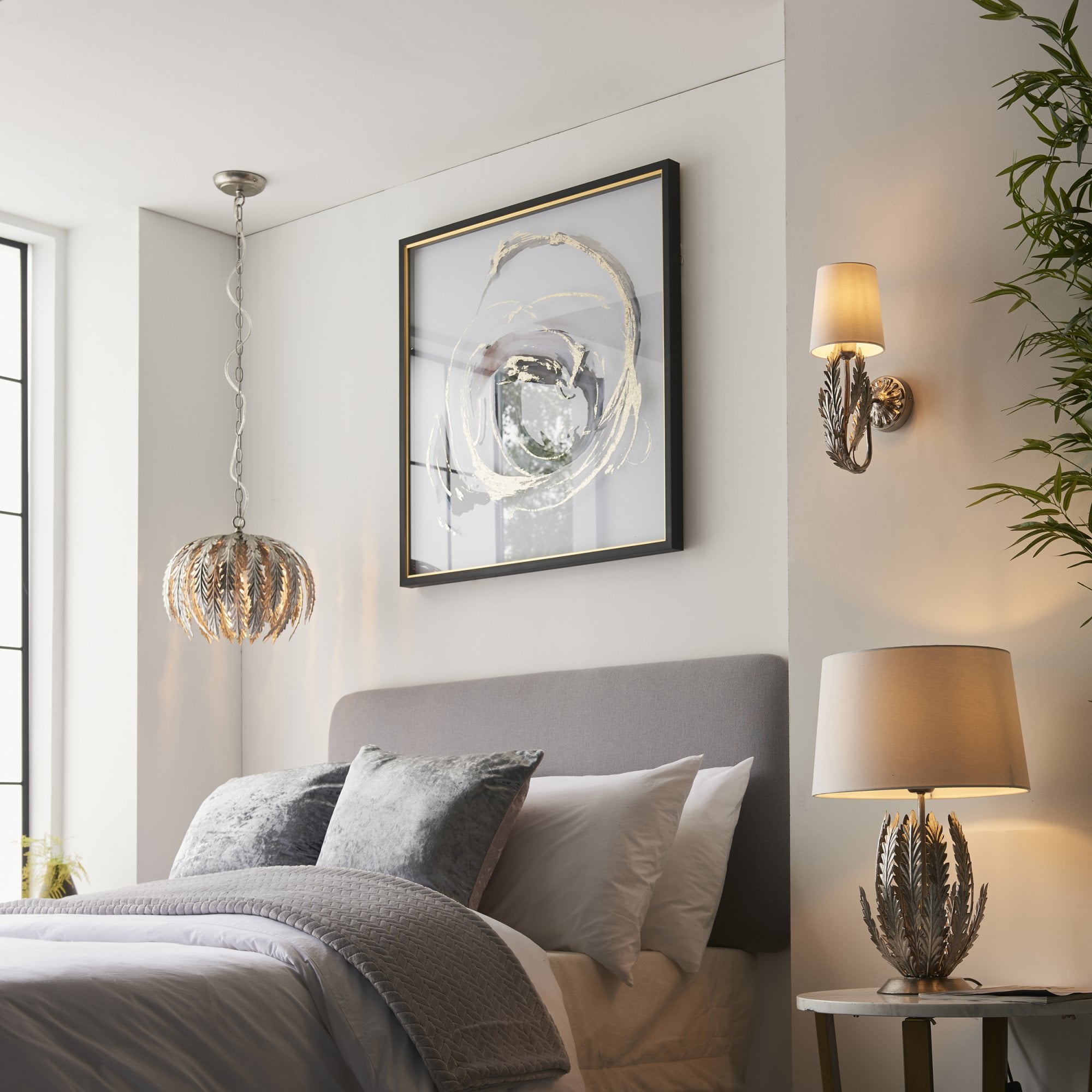 Endon Delphine Single Light Table Lamp - Silver Leaf & Ivory Cotton Fabric