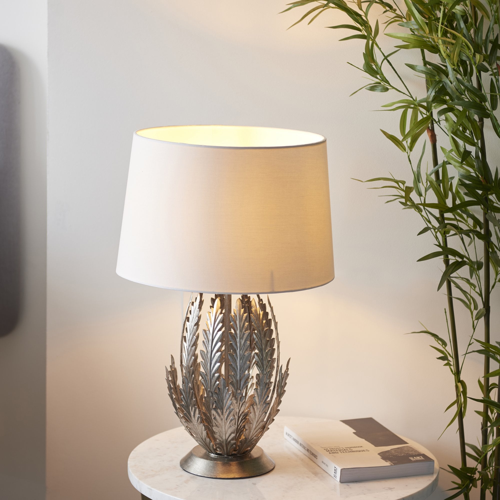 Endon Delphine Single Light Table Lamp - Silver Leaf & Ivory Cotton Fabric