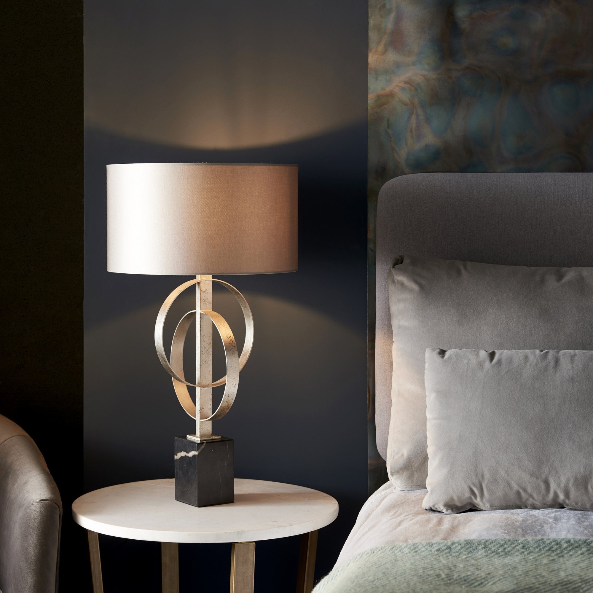Utopia Interlink Table Lamp - Antique Silver Leaf With Mink Shade