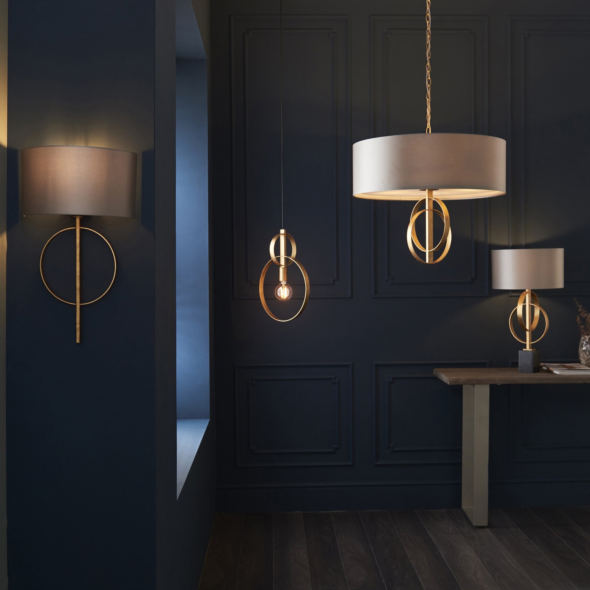 Utopia Interlink 3 Light Pendant - Antique Gold With Mink Shade - 60cm Diameter