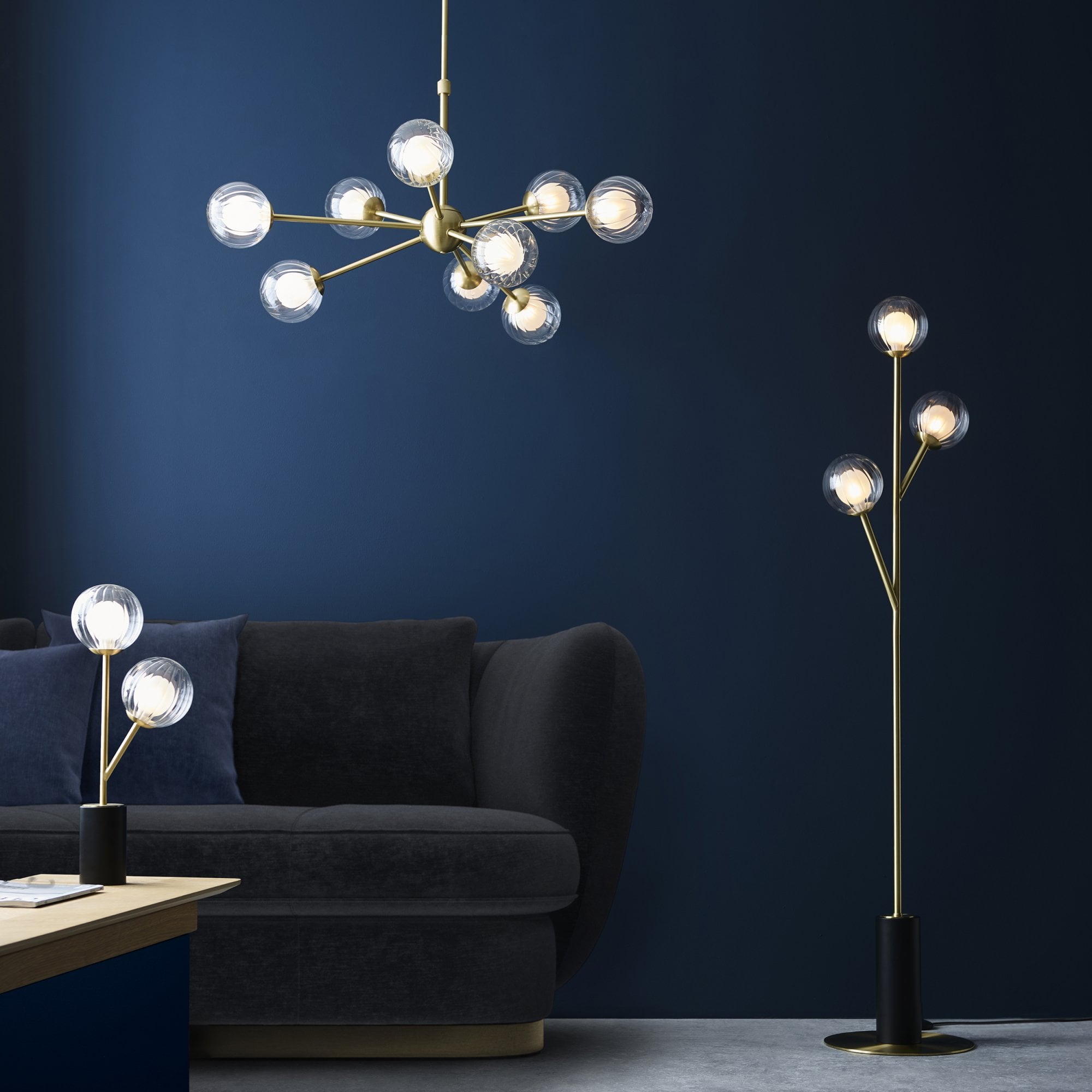 Utopia Matrix Round 9 Light Ceiling Semi Flush - Satin Brass & Glass