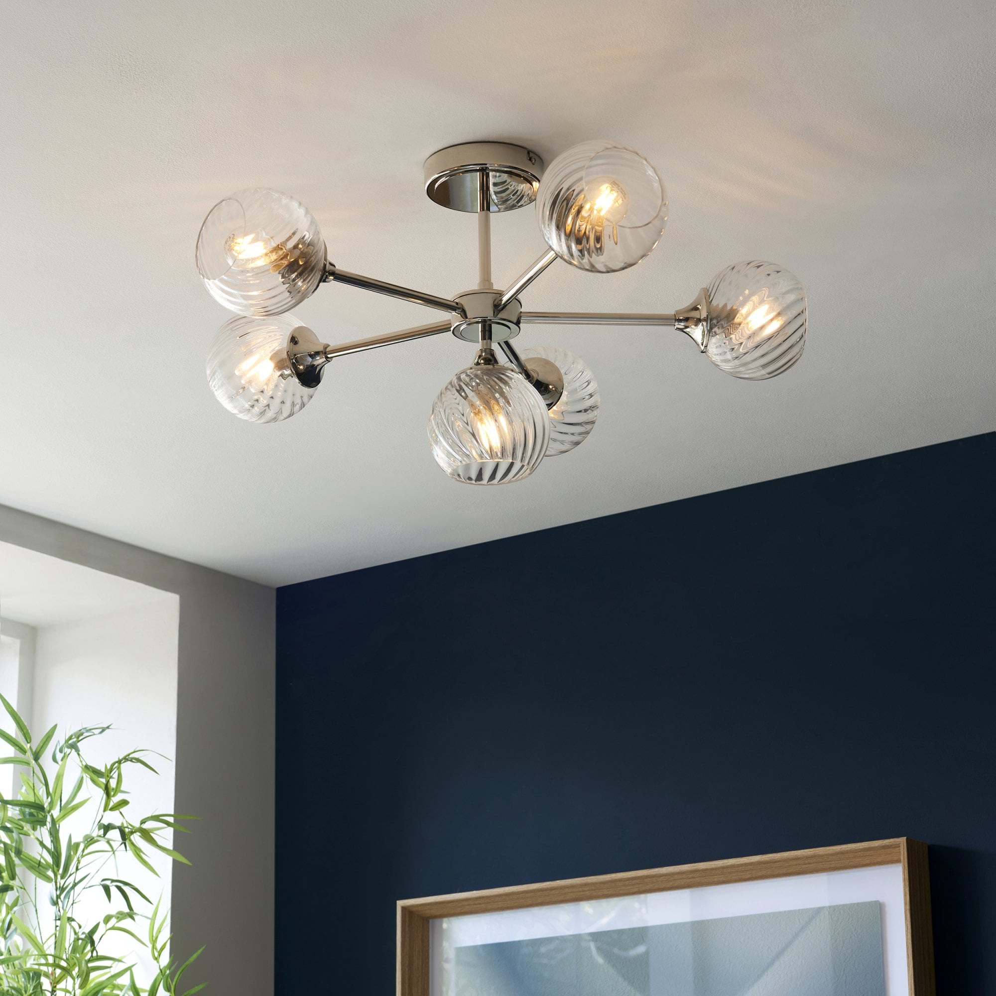 Endon Allegra 6 Light Semi-Flush Fitting - Bright Nickel Plate & Clear Spiral Glass