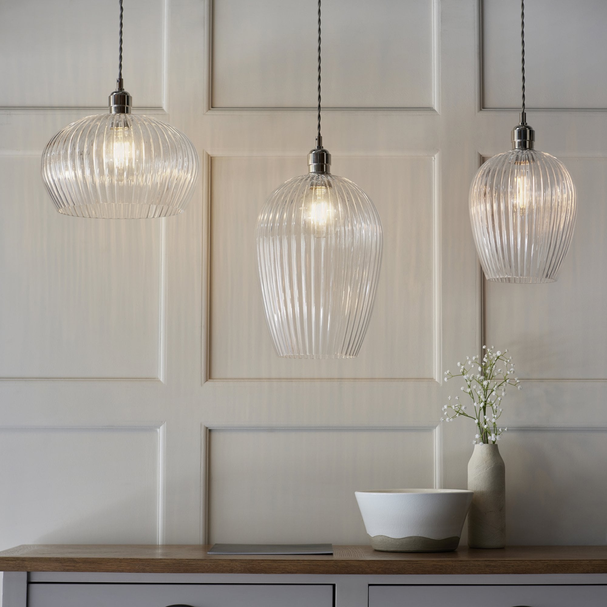Utopia Finesse Small Single Pendant - Bright Nickel Plate & Clear Ribbed Glass