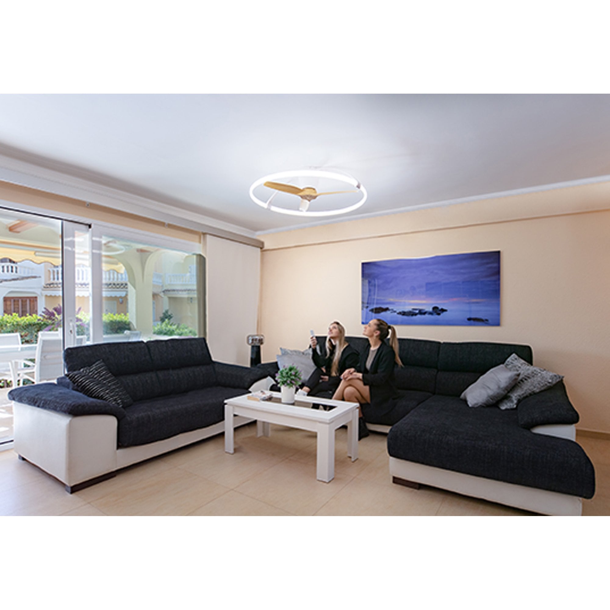 Mantra Nepal 75W LED Dimmable Ceiling Light & Fan, Remote, APP, Voice Controlled - White & Wood Effect