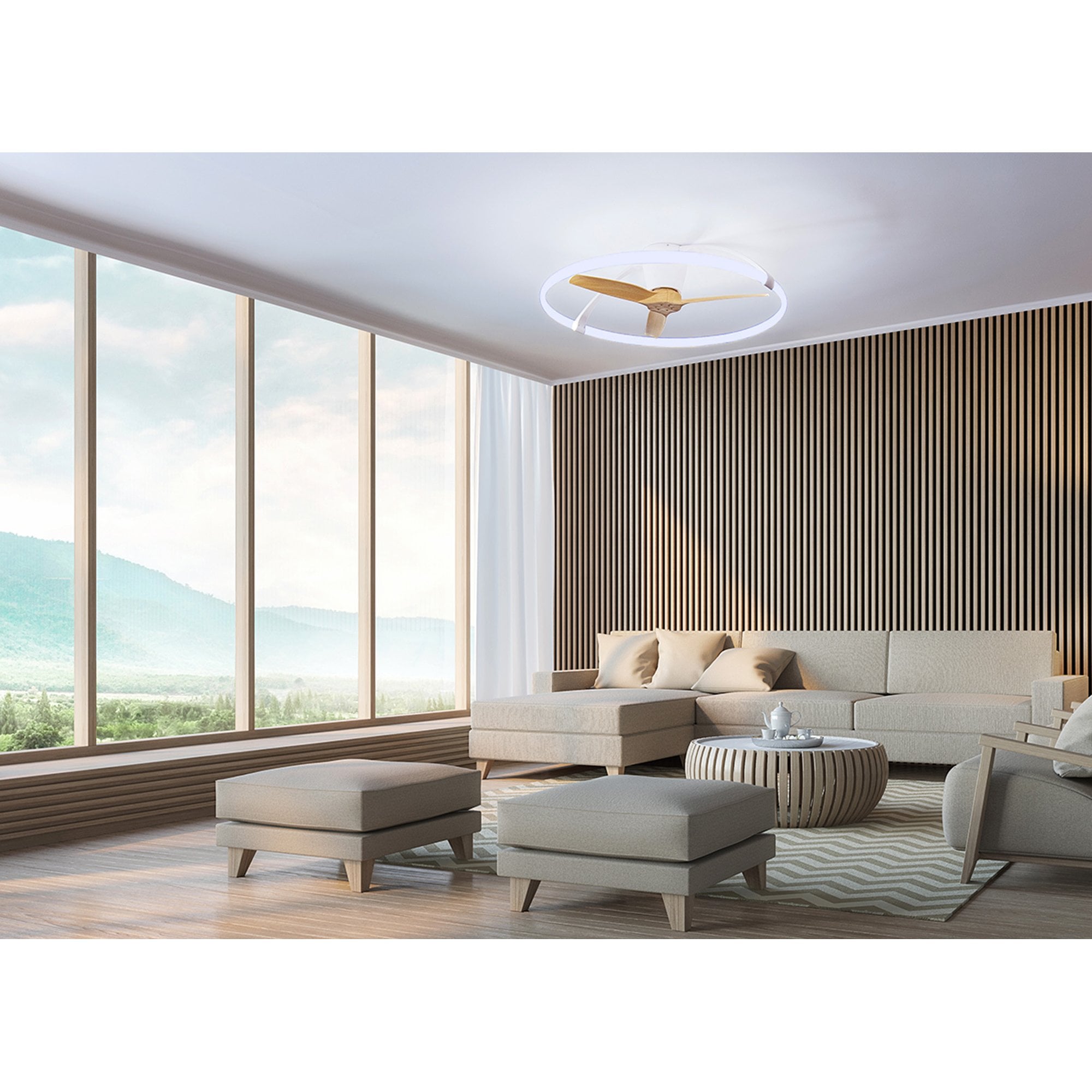 Mantra Nepal 75W LED Dimmable Ceiling Light & Fan, Remote, APP, Voice Controlled - White & Wood Effect