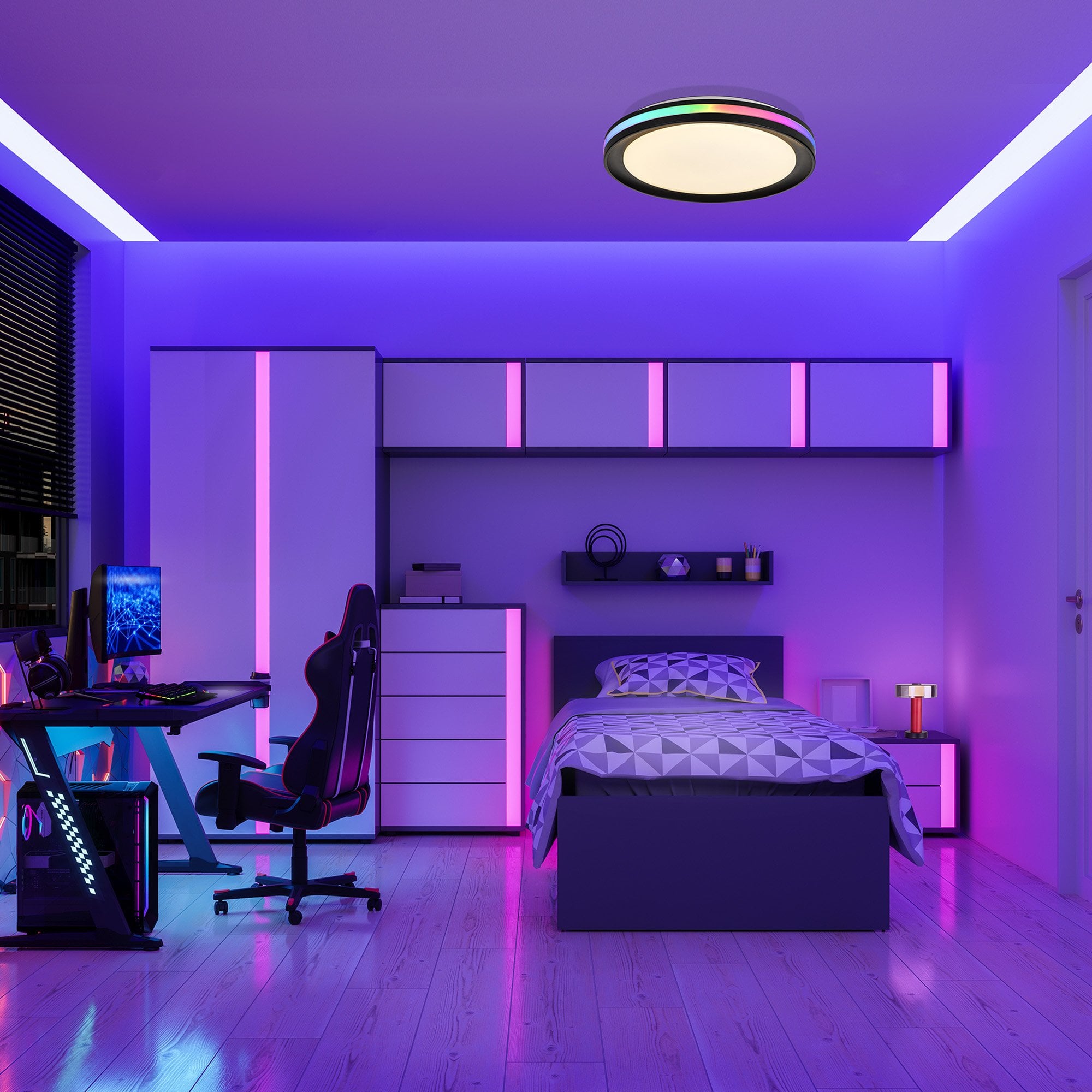 Mantra Gamer 60W LED Dimmable White, RGB Ceiling Light & Fan, Remote - Black