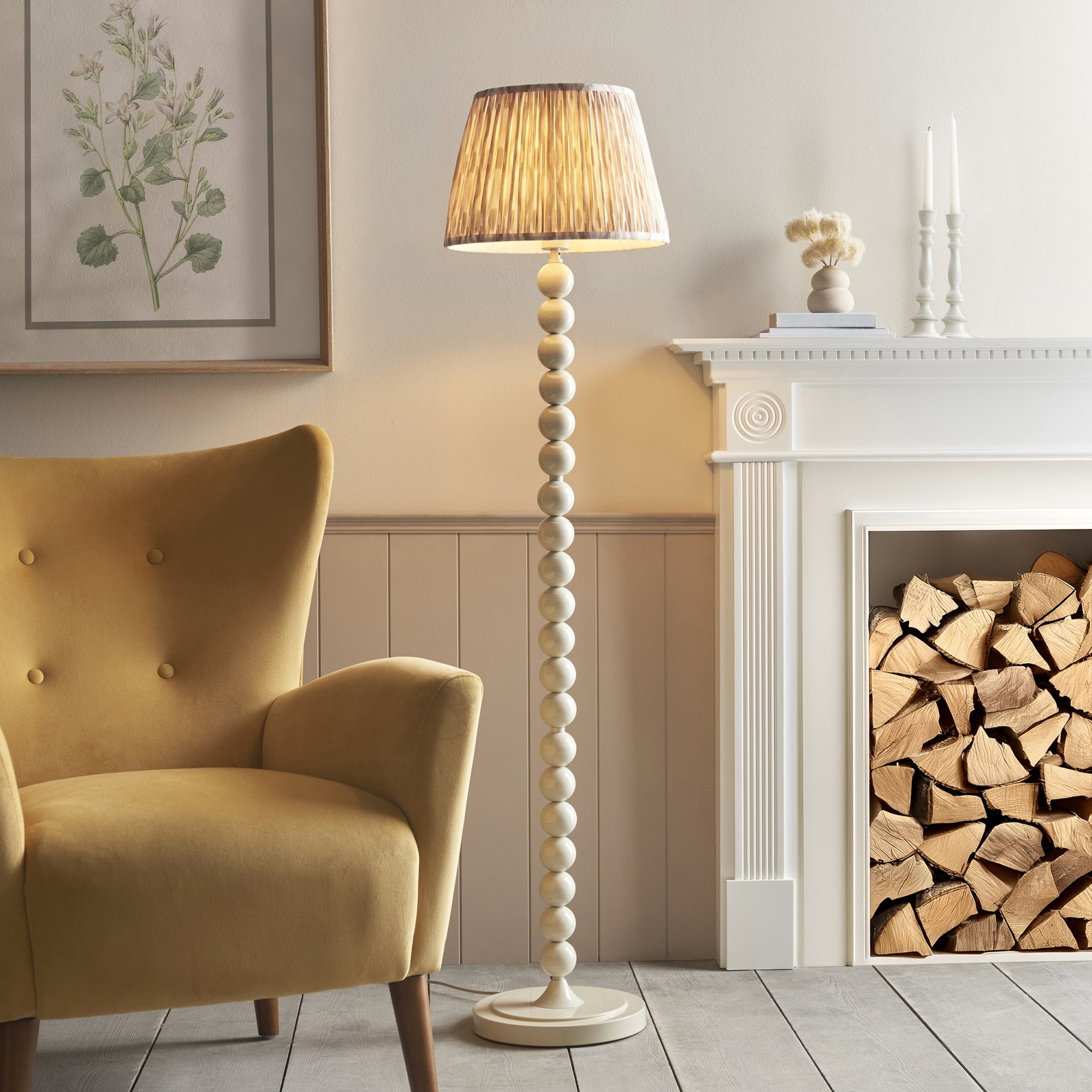 Endon Higgledy Gloss Almond White Floor Lamp & Ikat 35cm Neutral Shade