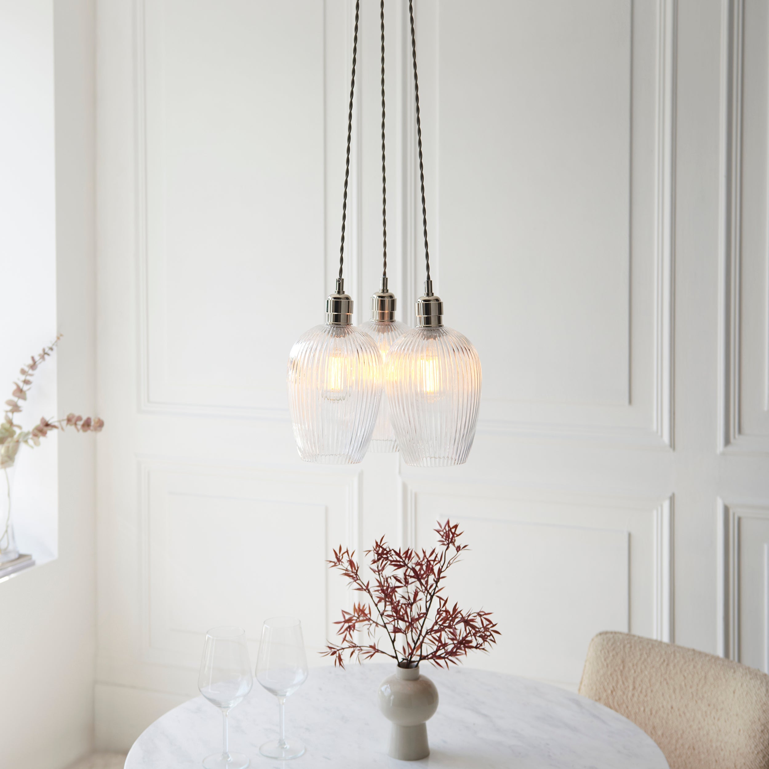Utopia Finesse 3 Light Cluster Ceiling Pendant - Bright Nickel & Clear Ribbed Glass