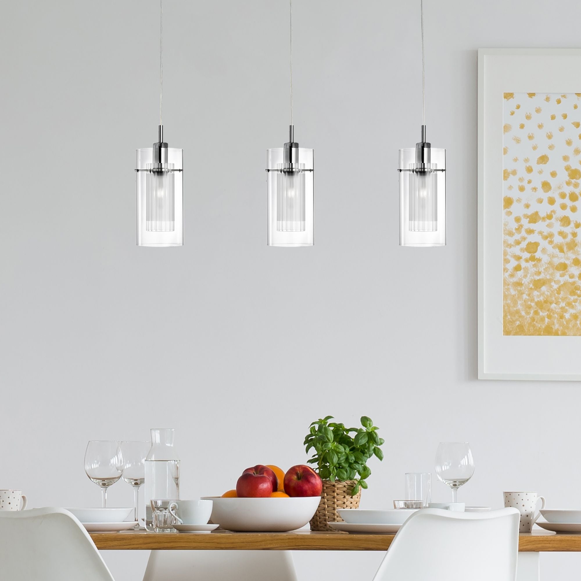 Searchlight Dawson 1 Chrome 3 Light Bar Pendant With Double Glass Cylinder Shades