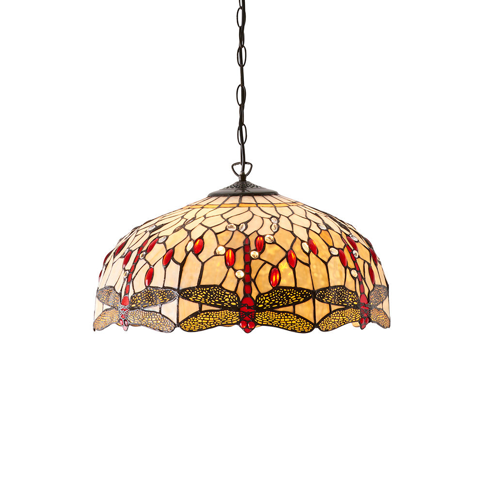 Interiors 1900 Dragonfly Beige Large 3 Light Pendant - Handcrafted Tiffany Style Glass