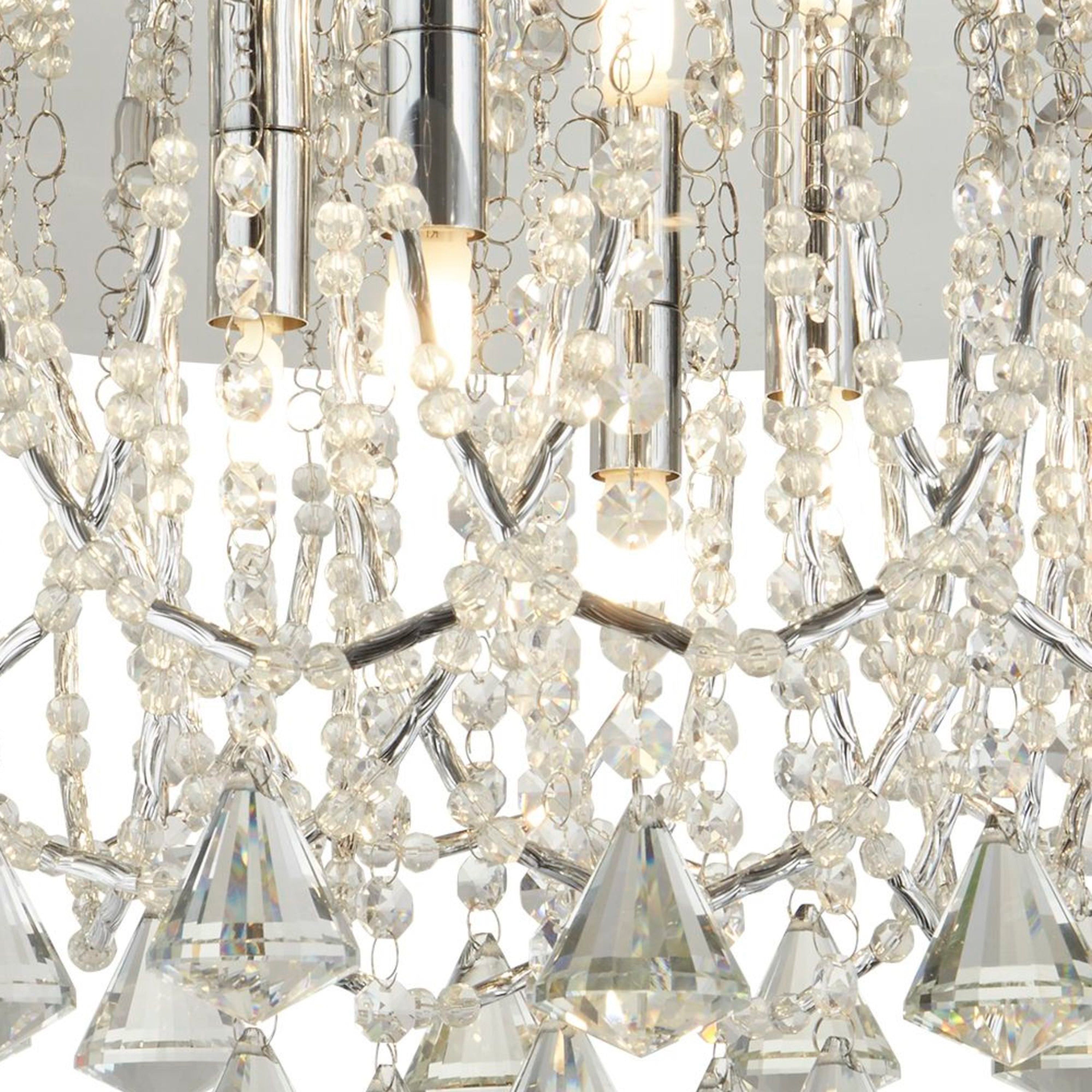 Searchlight Mary 6 Light Flush - Chrome & Clear Crystal Pyramid Drops