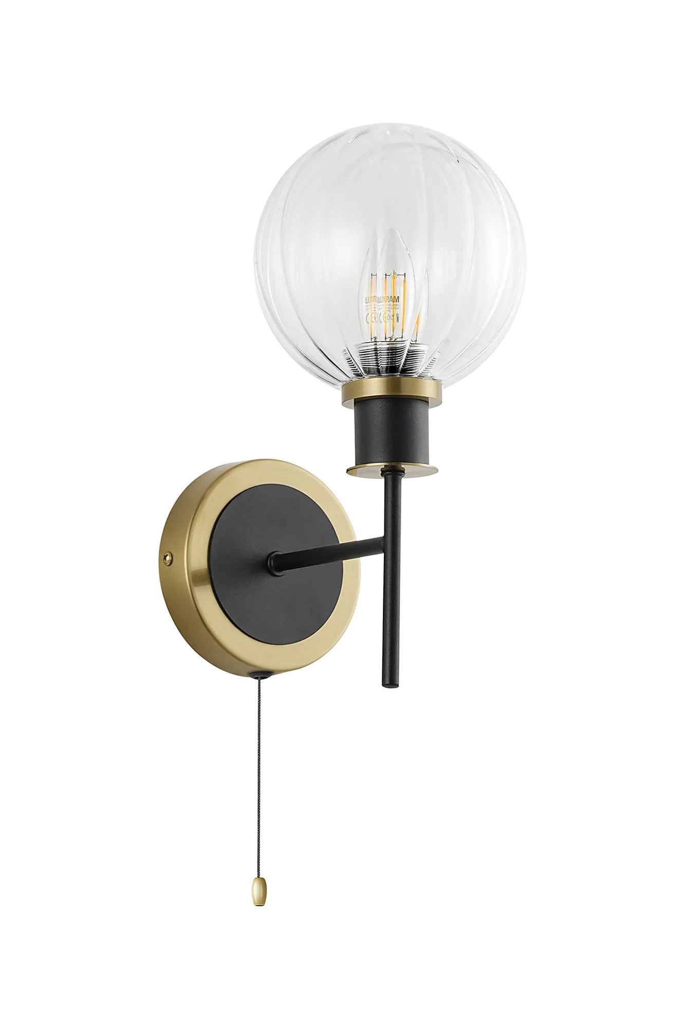 Sycamore Switched Wall Light with 15cm Round Segment Glass Shade - Brass, Clear & Satin Black