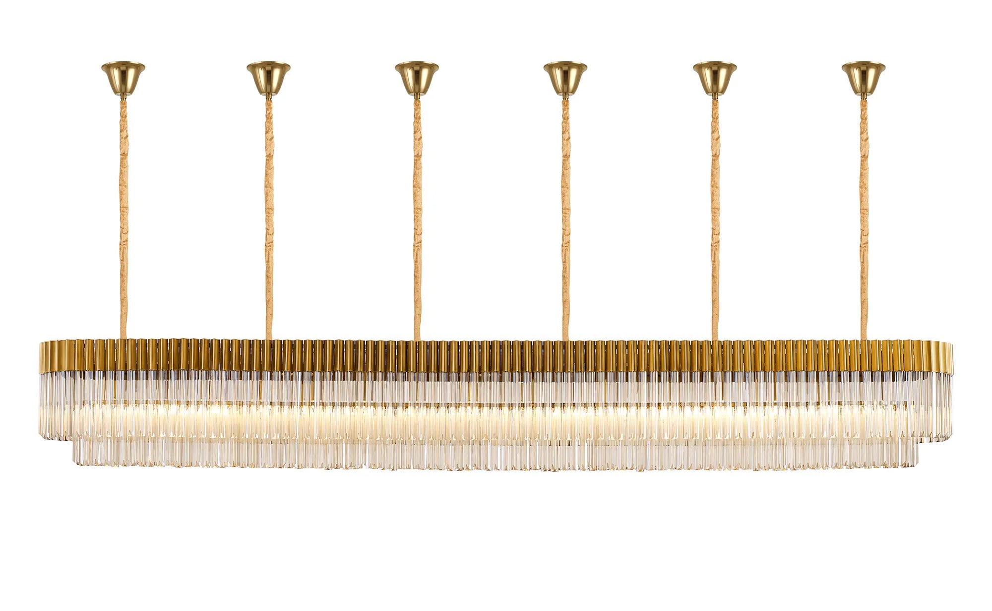 Cedar 300 x 40cm Linear Pendant With Bell Cup 16 Light - Brass & Cognac Sculpted Glass