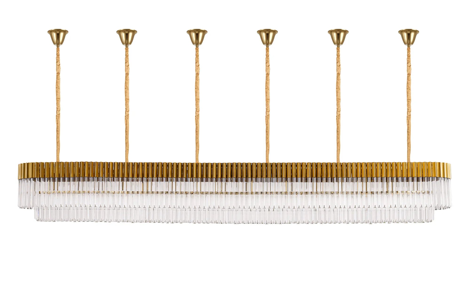 Cedar 300 x 40cm Linear Pendant With Bell Cup 16 Light - Brass & Clear Sculpted Glass