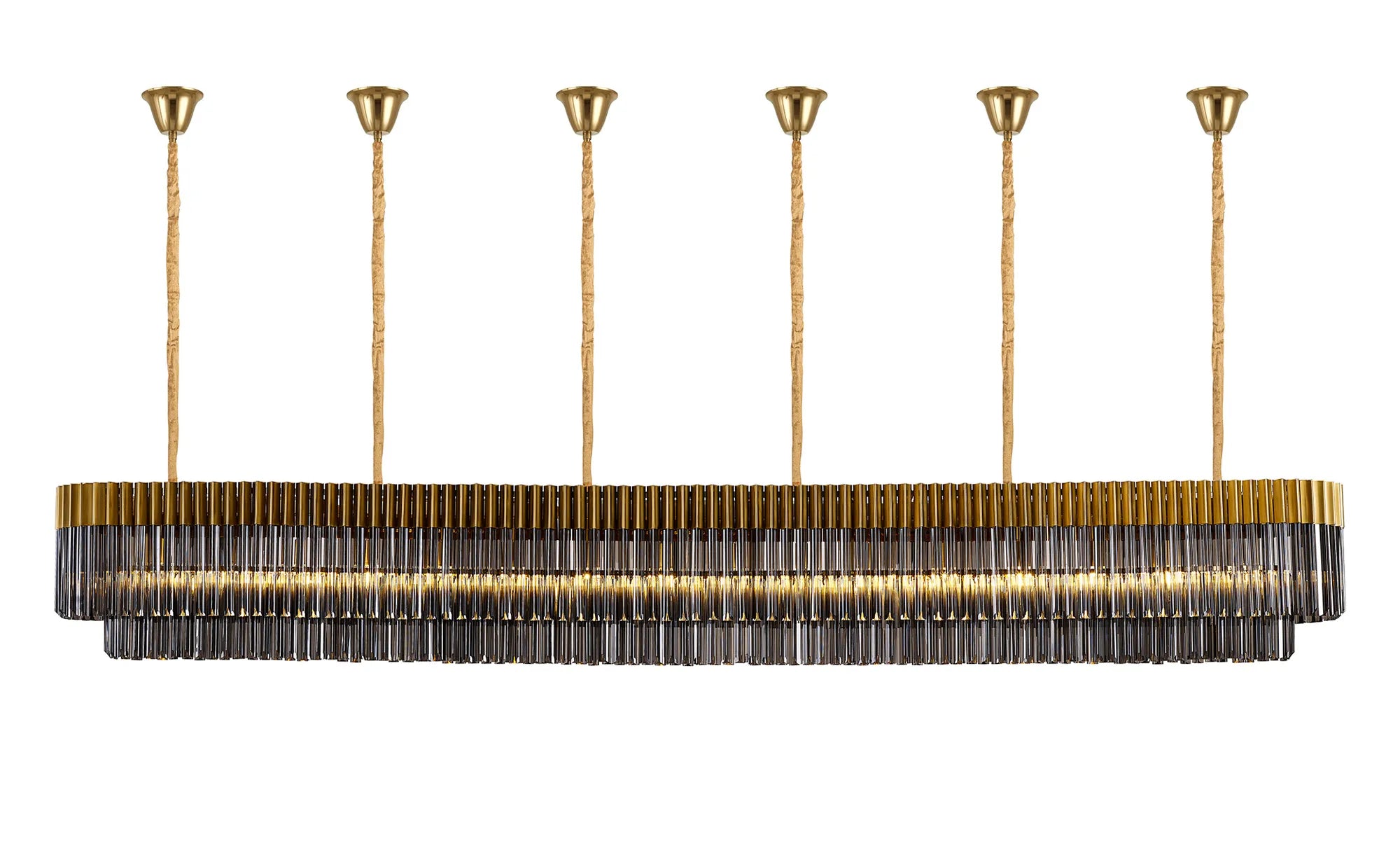 Cedar 300 x 40cm Linear Pendant With Bell Cup 16 Light - Brass & Smoked Sculpted Glass