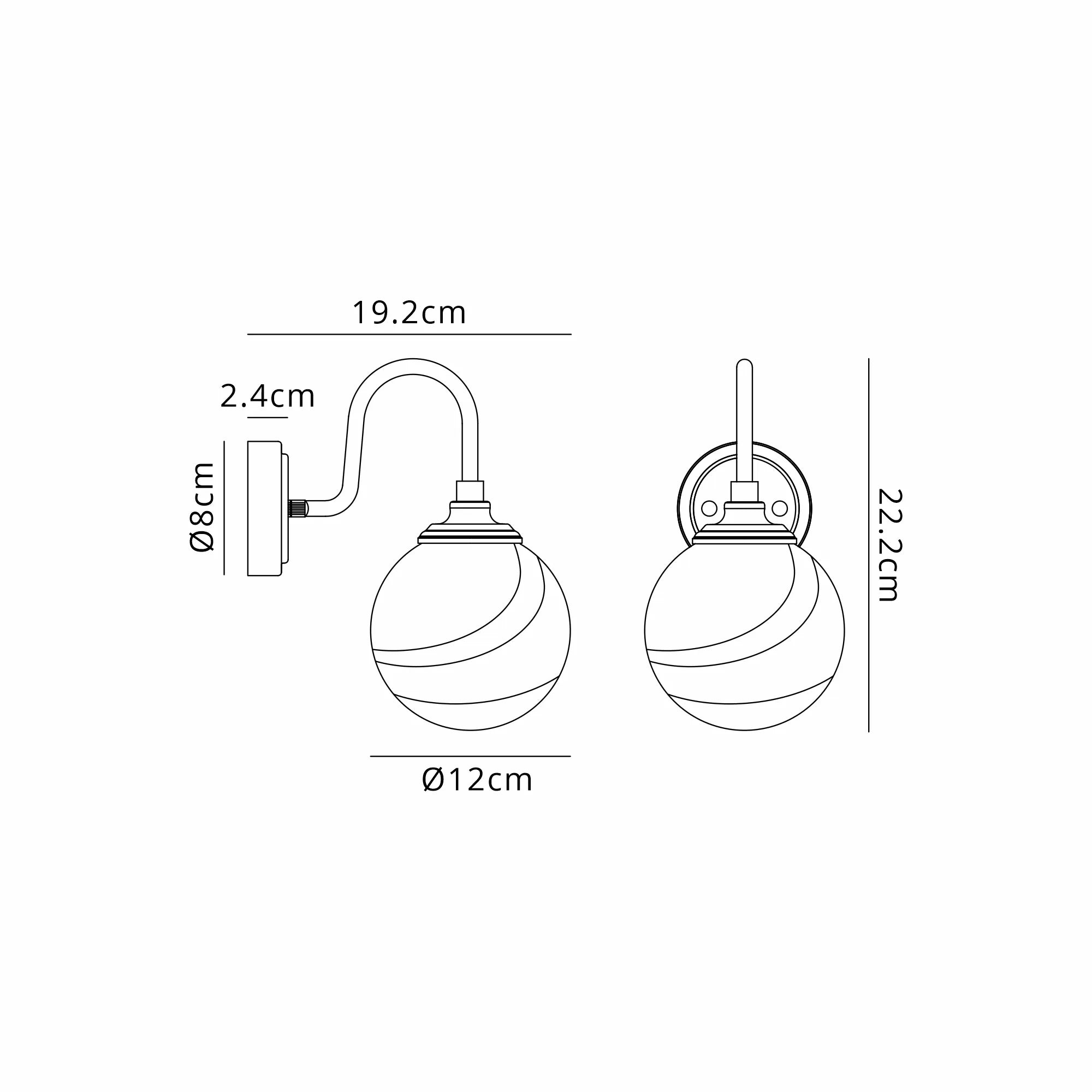 Dene Curved Arm Wall Light - 1 Light - IP44 Satin Black & Brown & White Round Marble Effect Glass
