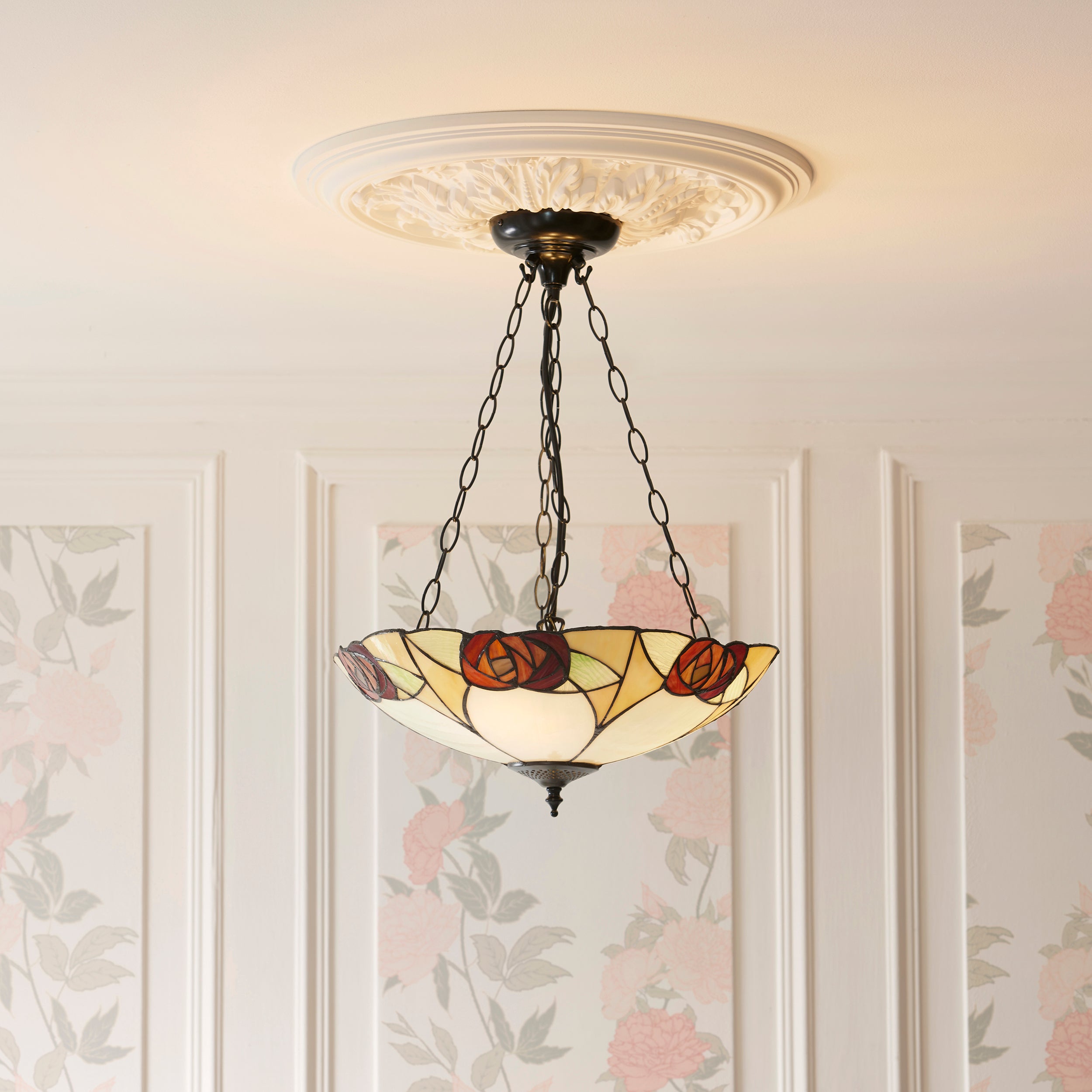 Interiors 1900 Ingram Large Inverted 3 Light Pendant - Handcrafted Tiffany Style Glass
