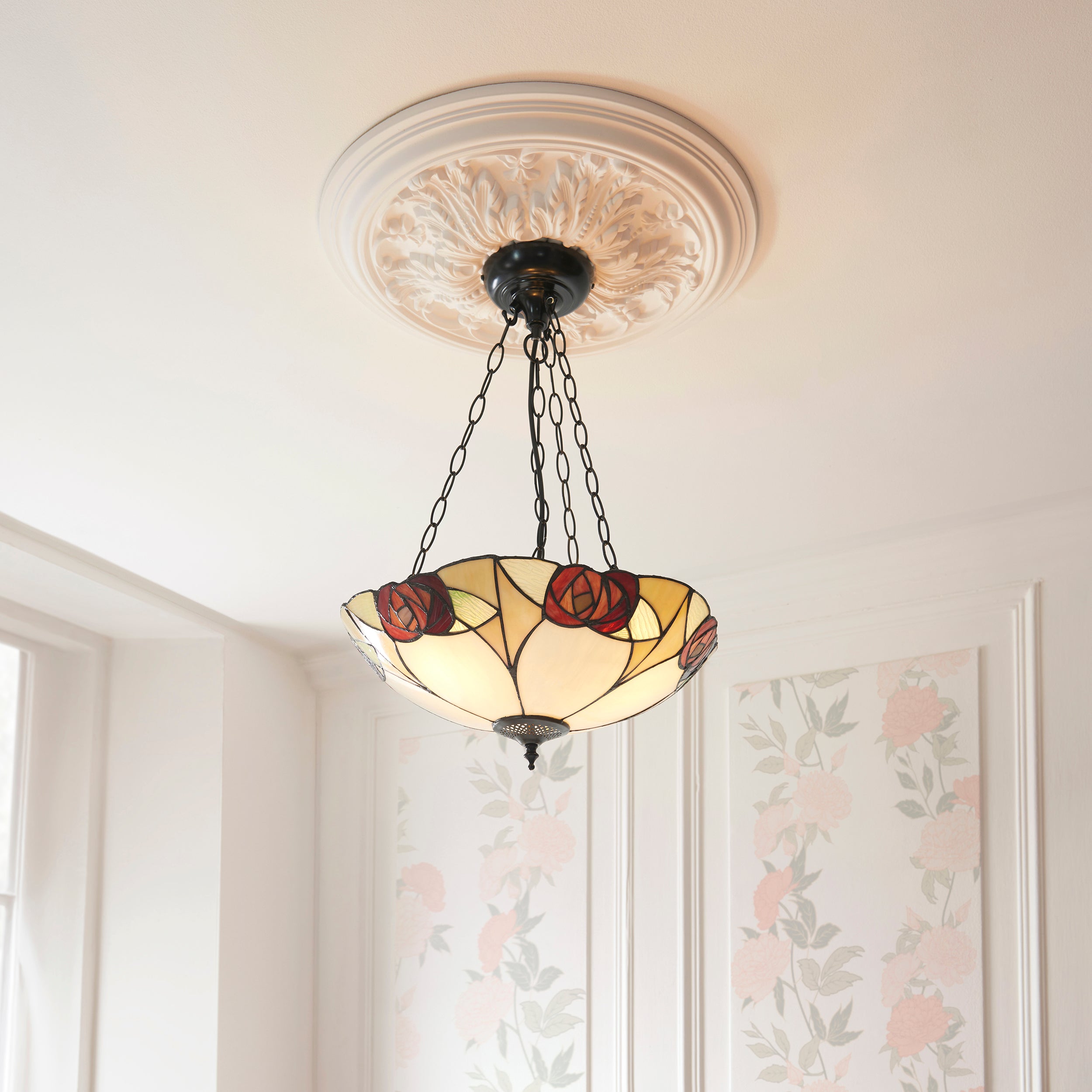 Interiors 1900 Ingram Large Inverted 3 Light Pendant - Handcrafted Tiffany Style Glass