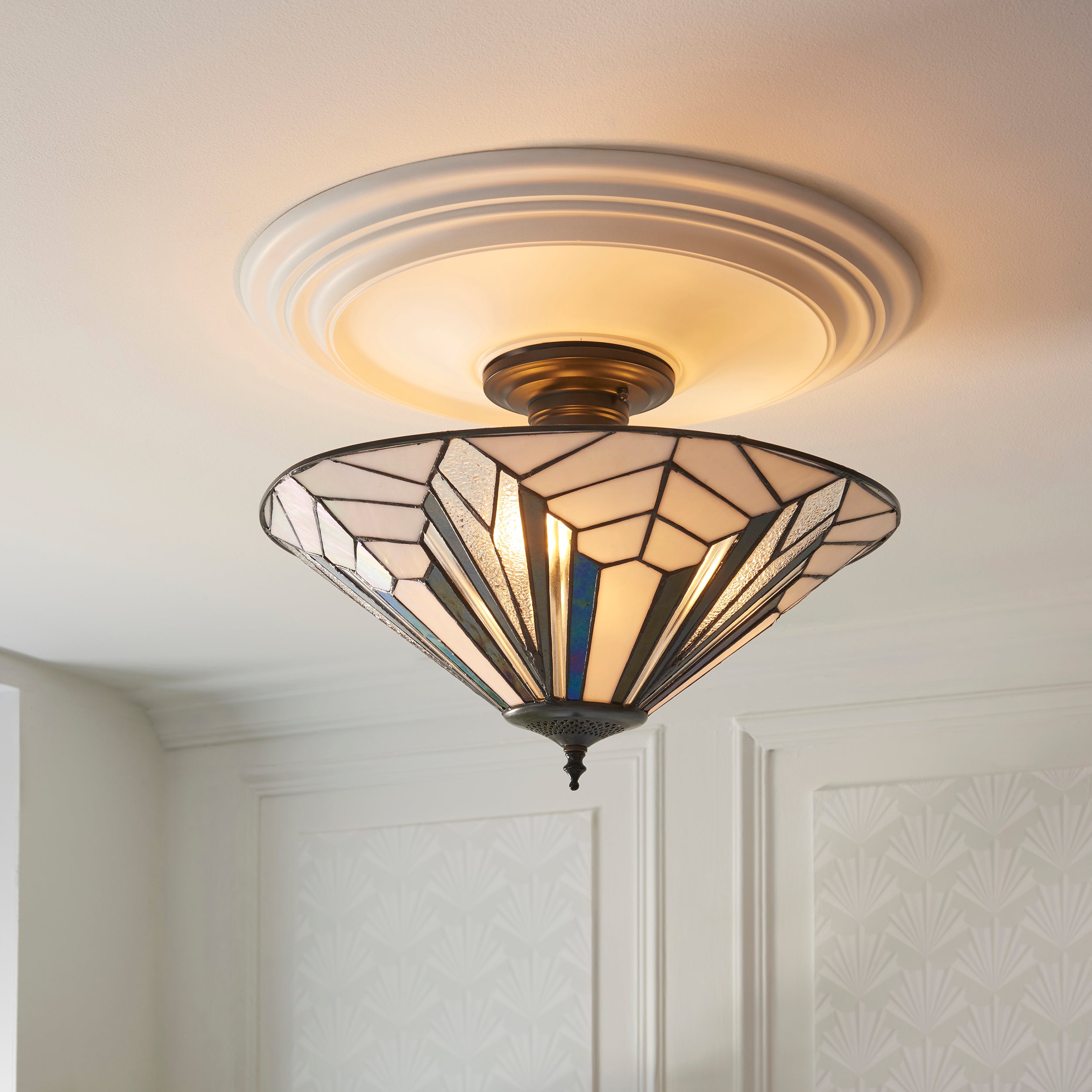 Interiors 1900 Astoria 3 Light Semi Flush Pendant -Handcrafted Tiffany Style Glass