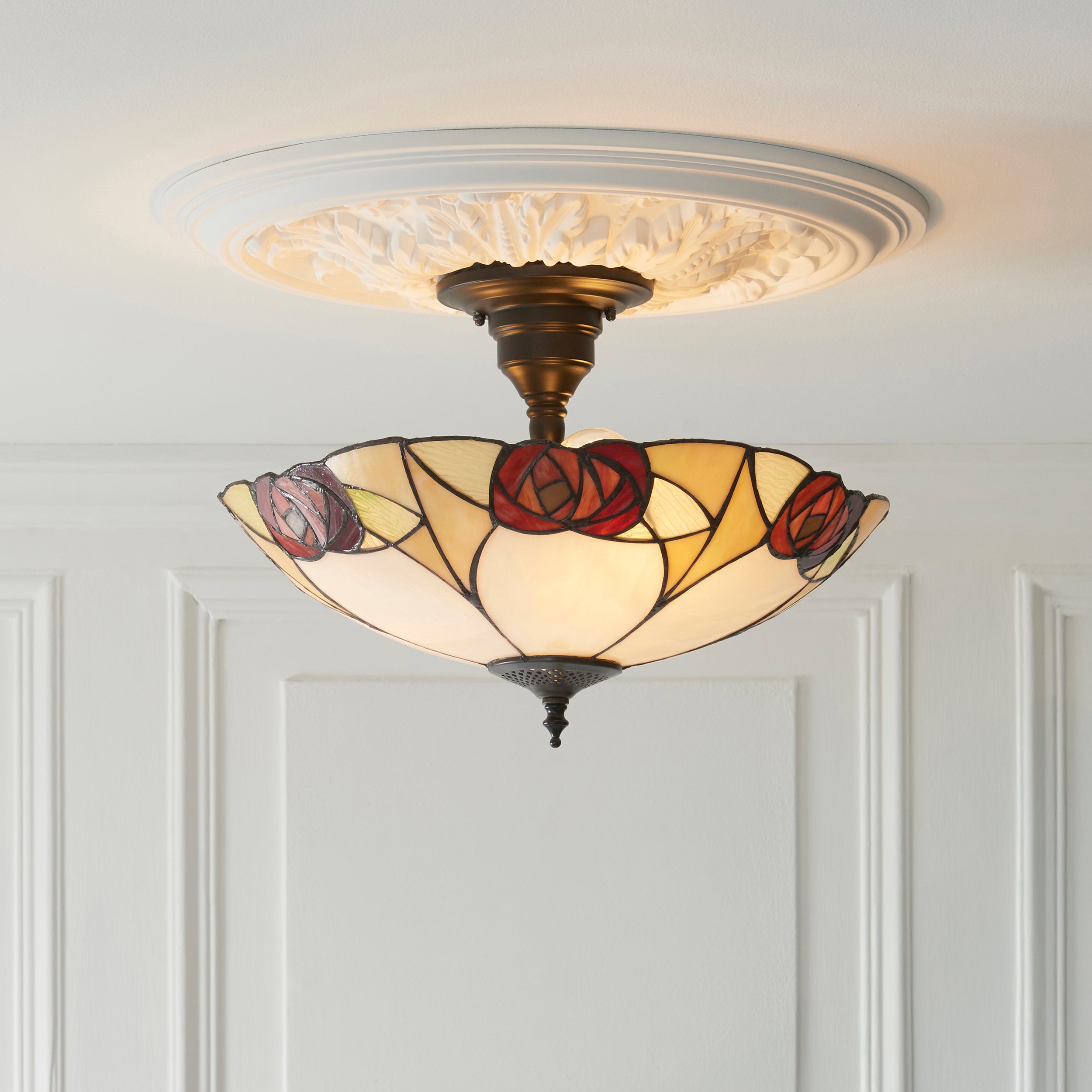 Interiors 1900 Ingram 3 Light Semi Flush Pendant -Handcrafted Tiffany Style Glass