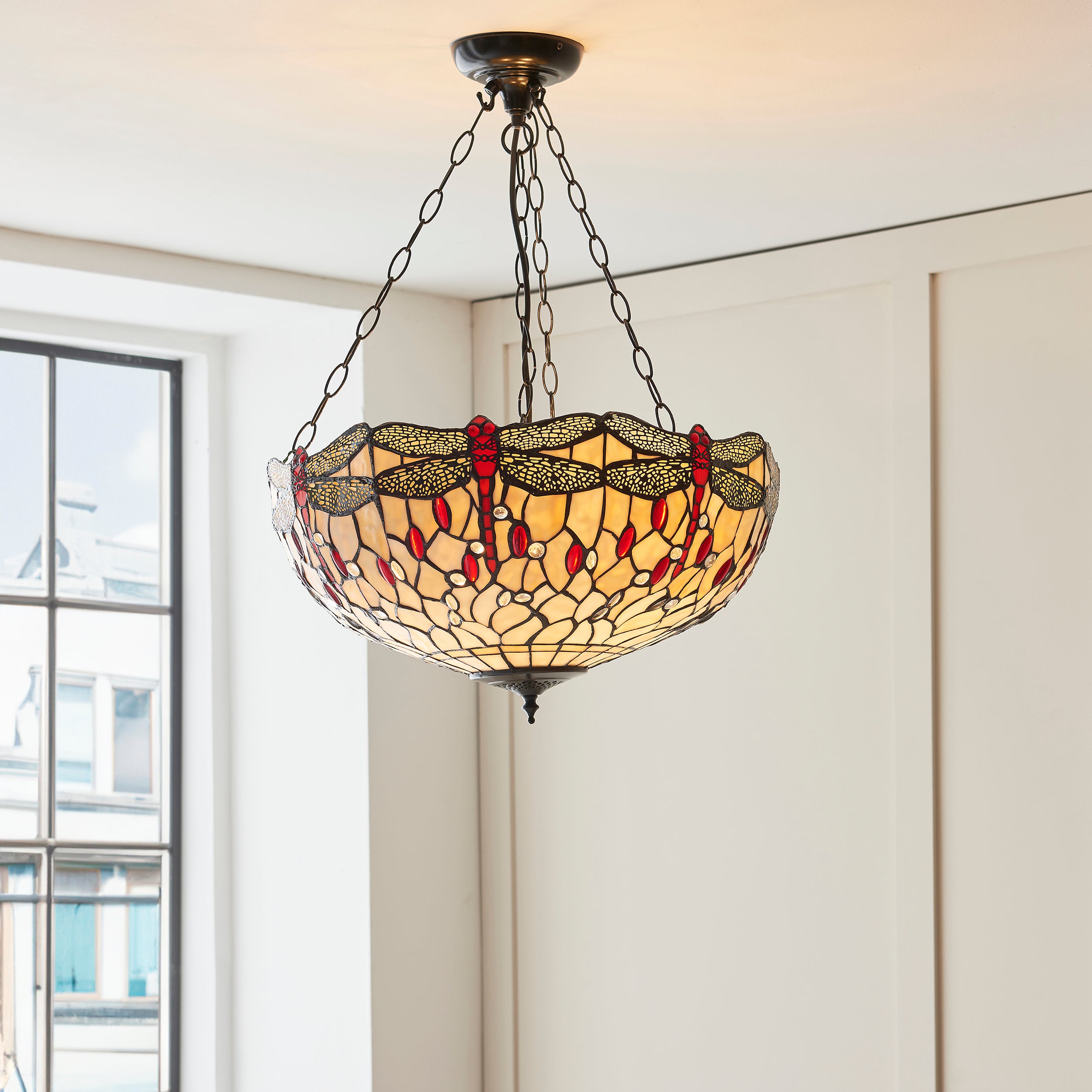 Interiors 1900 Dragonfly Beige Large Inverted 3 Light Pendant - Handcrafted Tiffany Style Glass