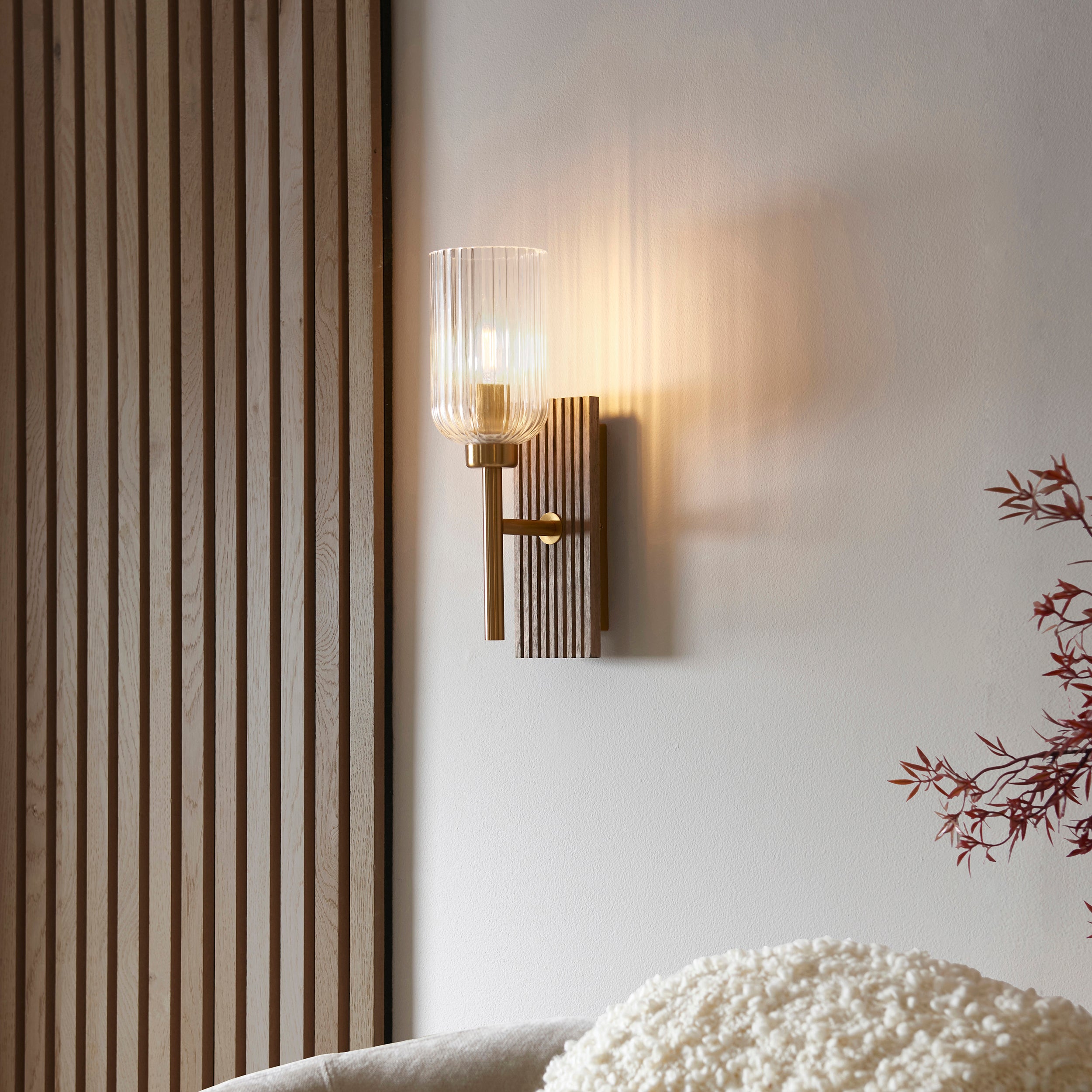 Endon Grove  Wall Light - Dark Beechwood & Vintage Brass With Clear Ribbed Glass