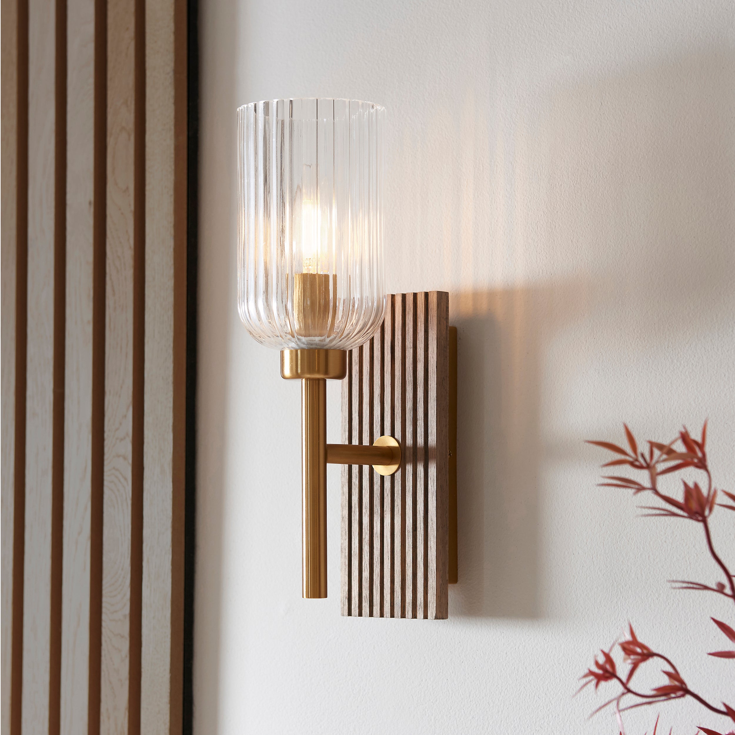 Endon Grove  Wall Light - Dark Beechwood & Vintage Brass With Clear Ribbed Glass