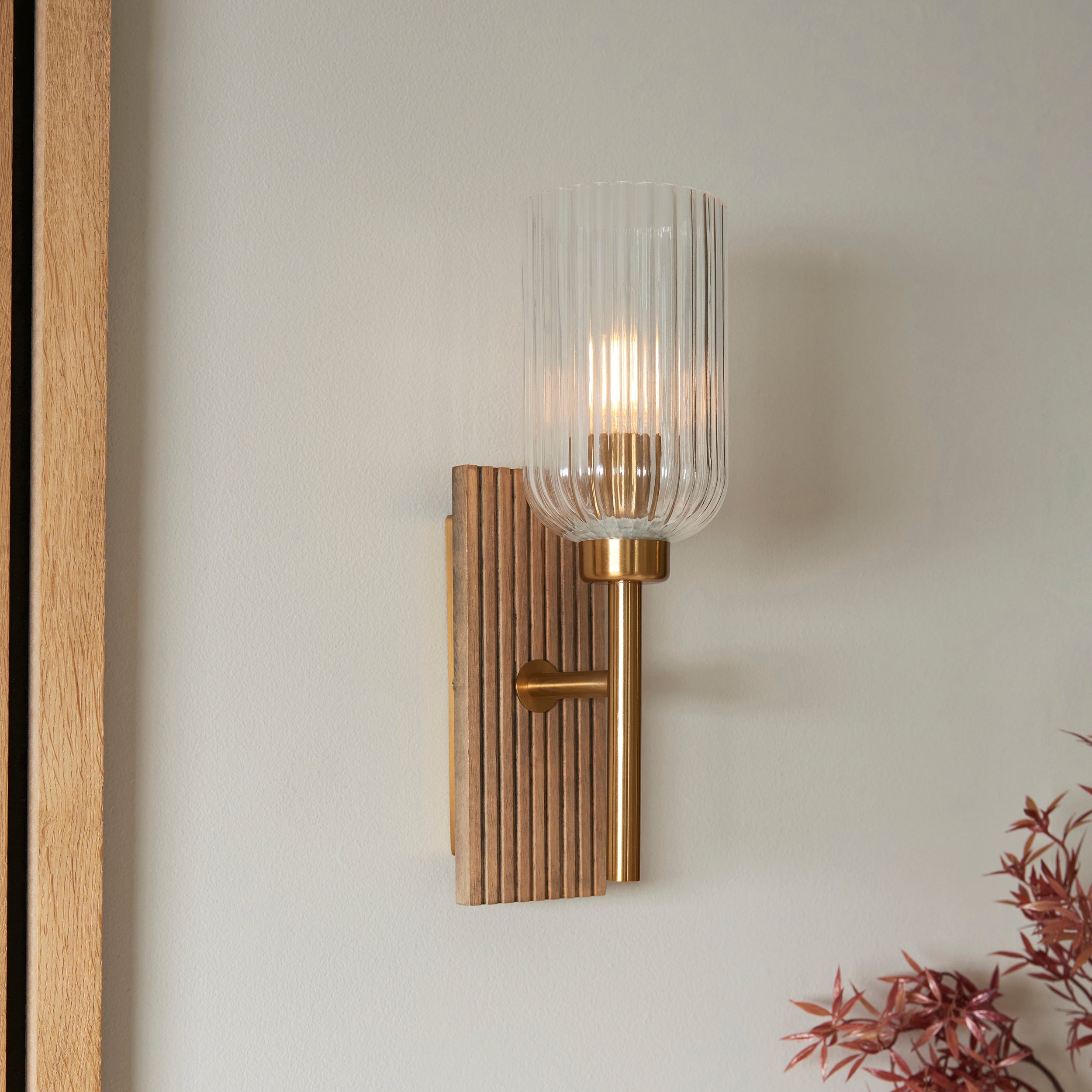 Endon Grove  Wall Light - Dark Beechwood & Vintage Brass With Clear Ribbed Glass